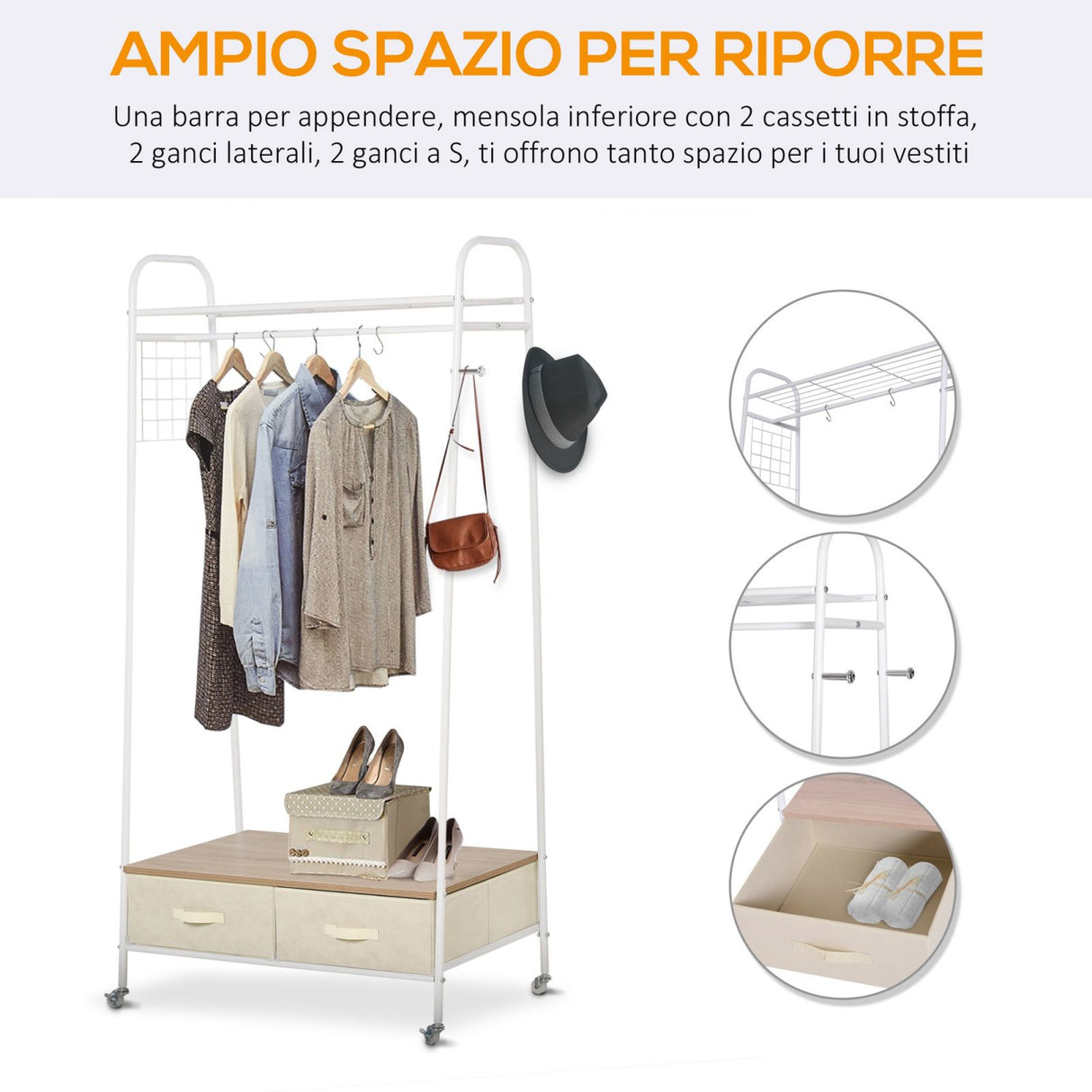 easycomfort easycomfort stand rella appendiabiti con 2 cassetti in metallo bianco e beige 99x47x185cm