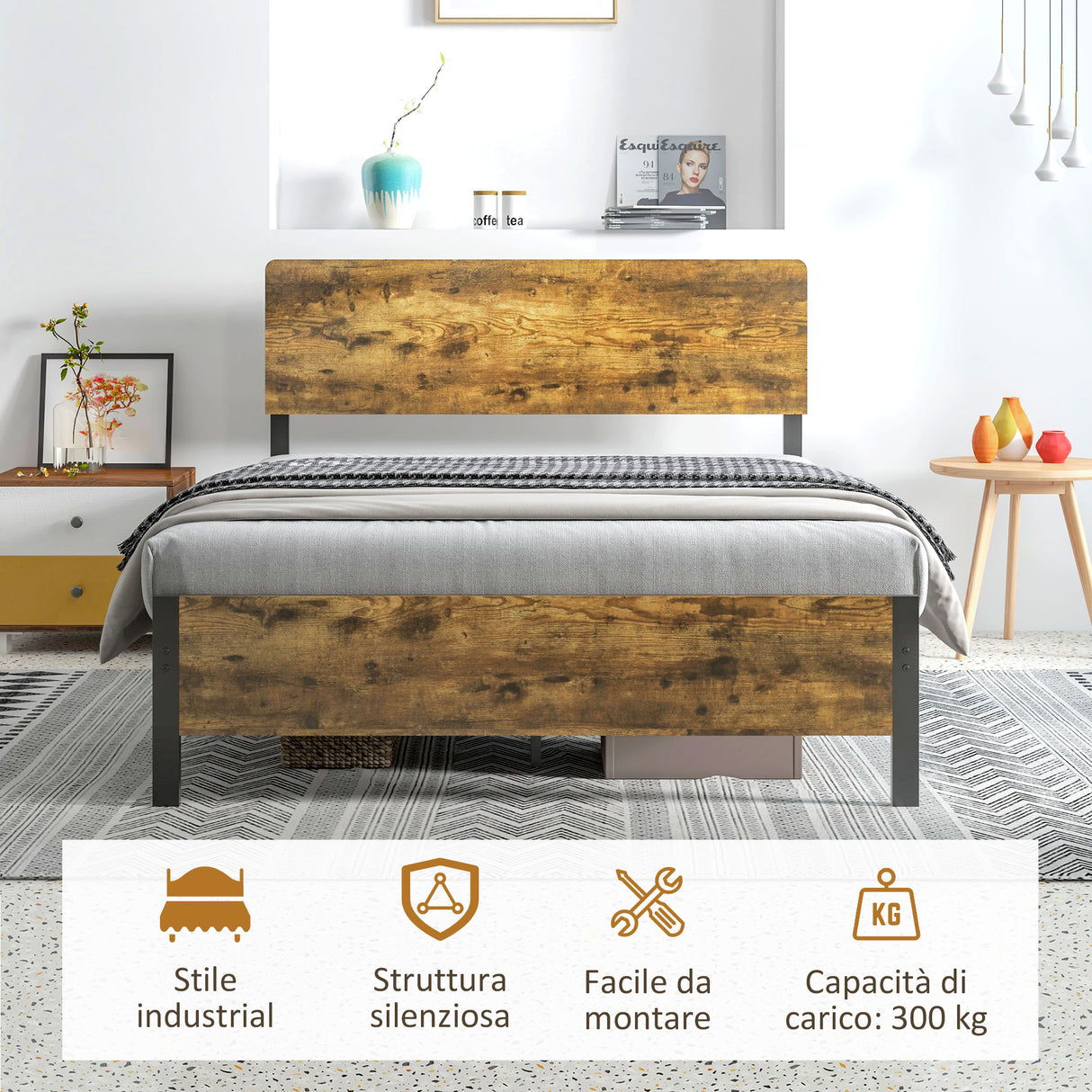 easycomfort easycomfort struttura letto in truciolato con testiera e pediera supporto a doghe e contenitore 149x207x104cm marrone