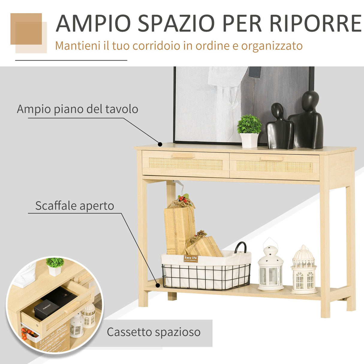easycomfort easycomfort tavolino consolle in legno con 2 cassetti in rattan 100x30x76cm