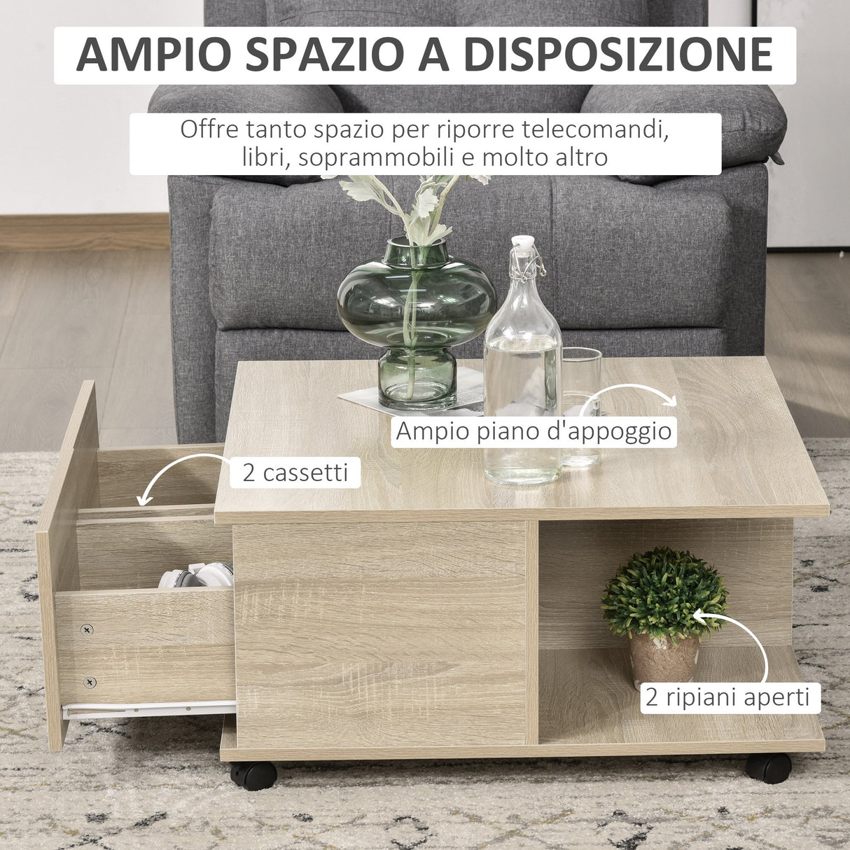 easycomfort easycomfort tavolino da caffe in legno con 2 cassetti 2 mensole e ruote con freno 70x70x35cm legno
