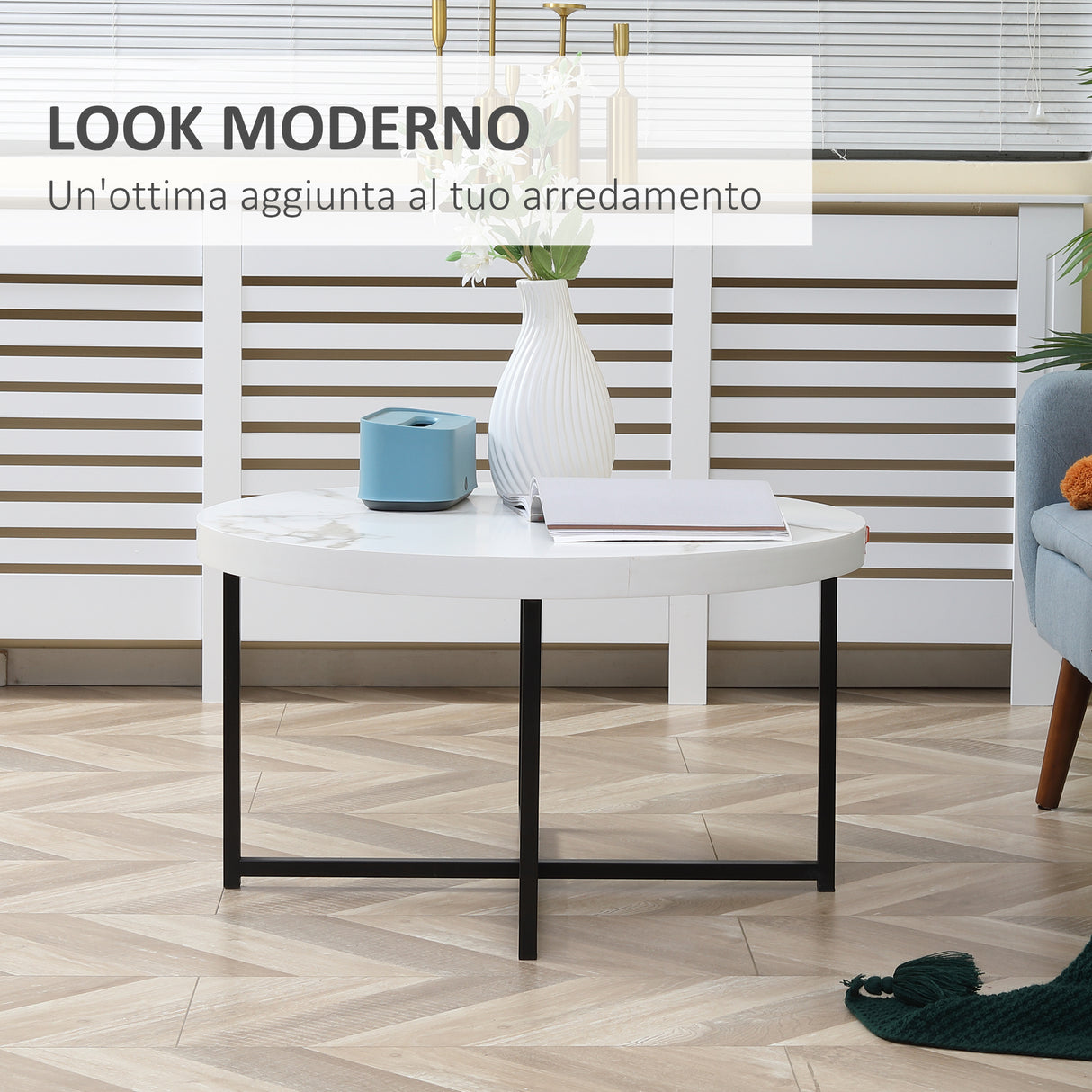 easycomfort easycomfort tavolino da caffe rotondo con piano effetto marmo in mdf e gambe in metallo 80x45 cm bianco