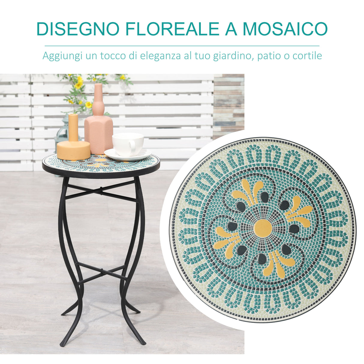 easycomfort easycomfort tavolino da giardino rotondo con piano dappoggio a mosaico 35 5x53 5cm