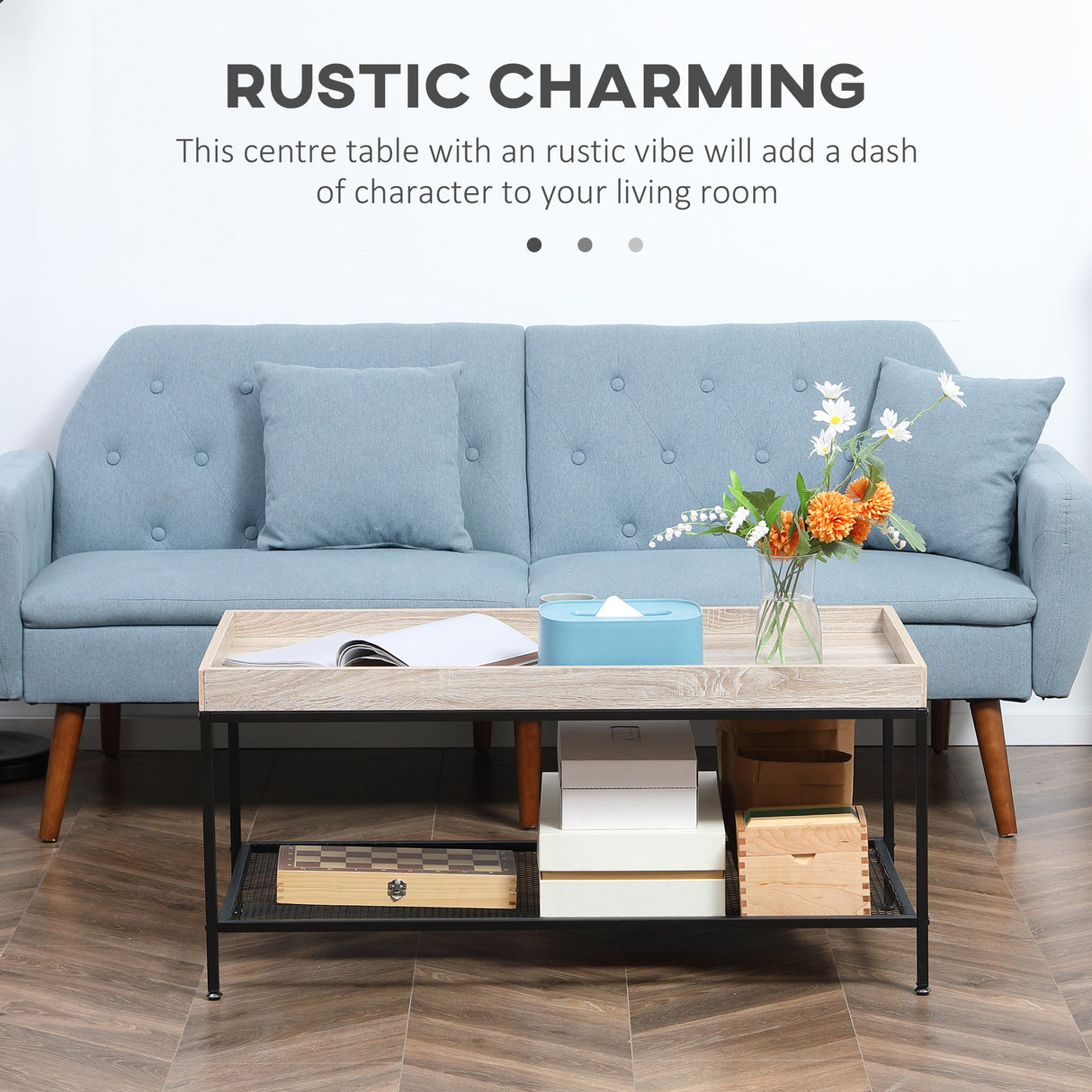 easycomfort easycomfort tavolino da salotto basso a 2 livelli con bordo rialzato in mdf e metallo 100x50x46 5 cm color legno