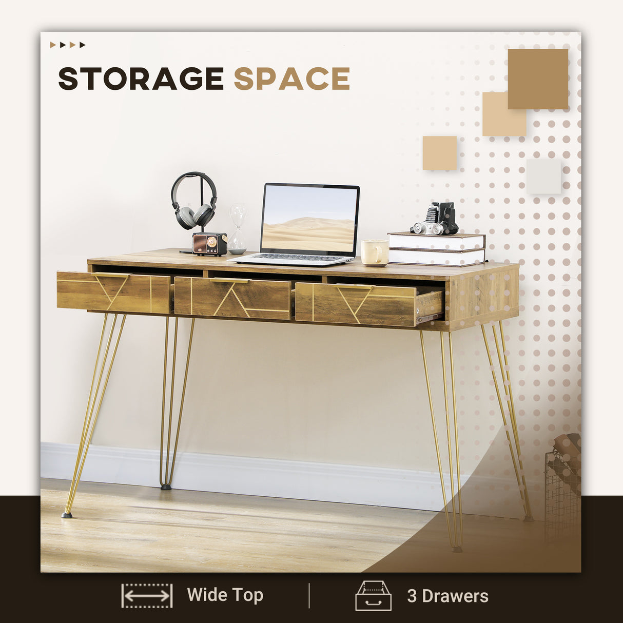 easycomfort easycomfort tavolo scrivania da ingresso stile vintage in truciolato e acciaio con 3 cassetti 120x55x79 cm