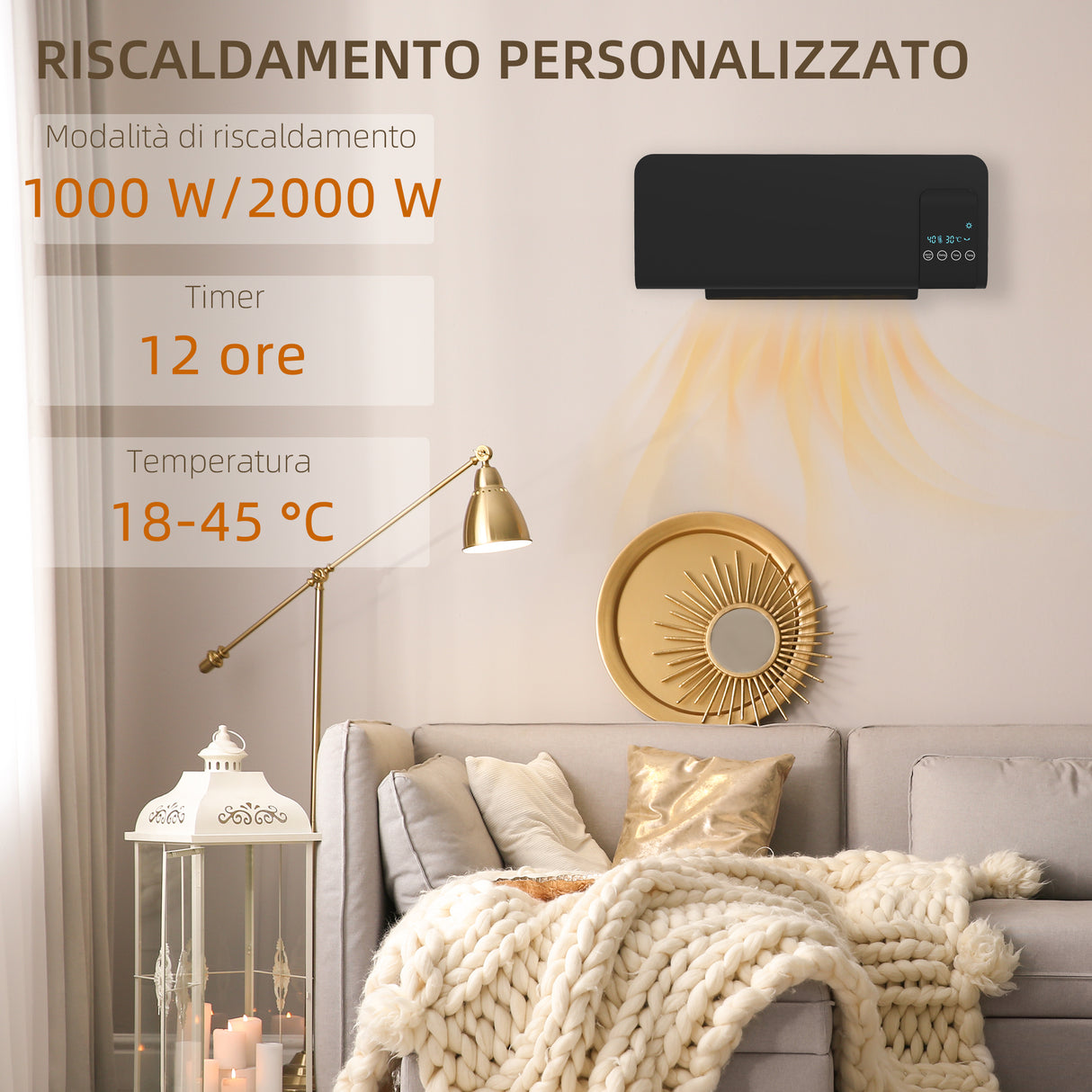 easycomfort easycomfort termoventilatore da parete oscillante con telecomando timer 12h e 2 modalita nero