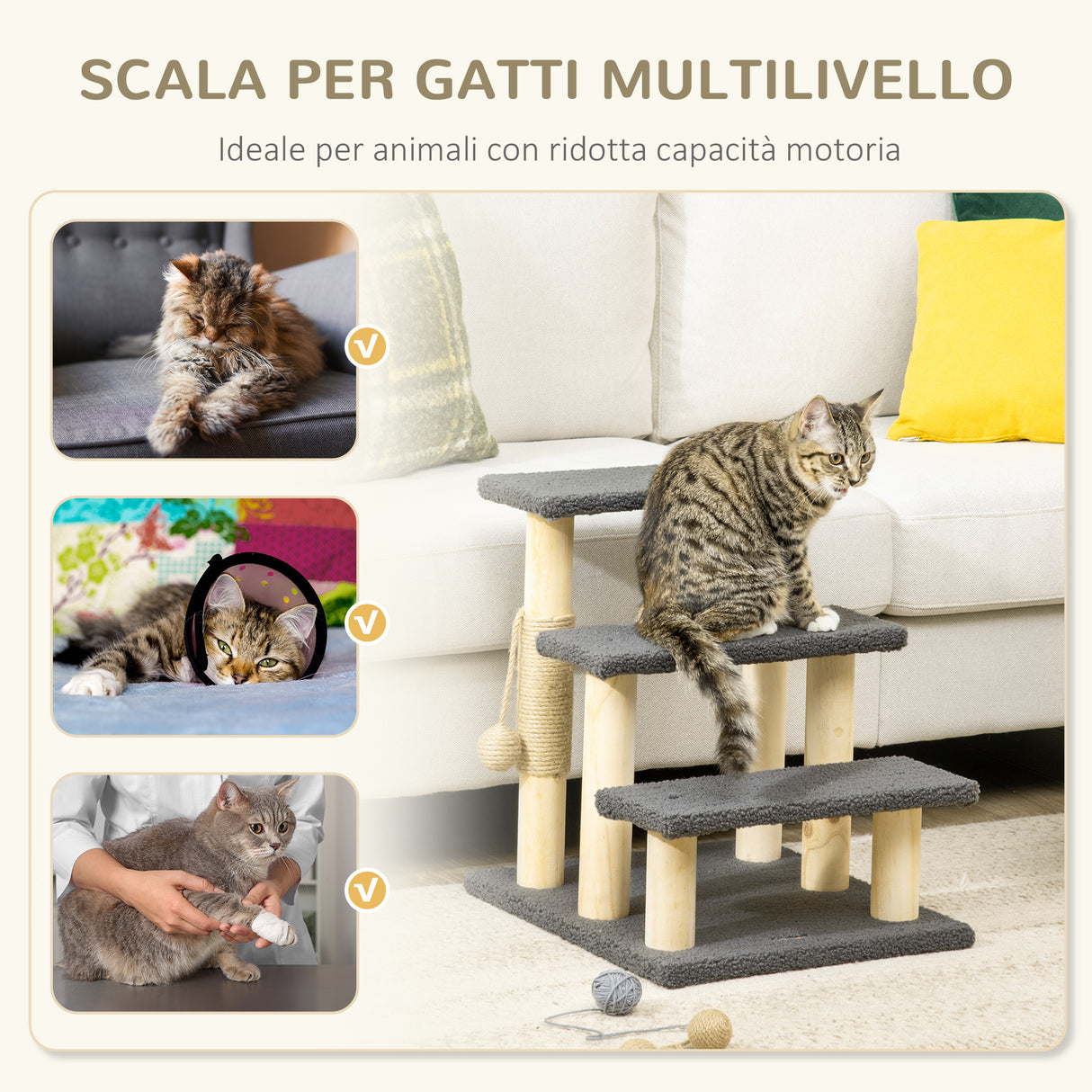 easycomfort easycomfort tiragraffi scaletta per gatti a 3 livelli pali in juta e pallina 45x40x48cm grigio