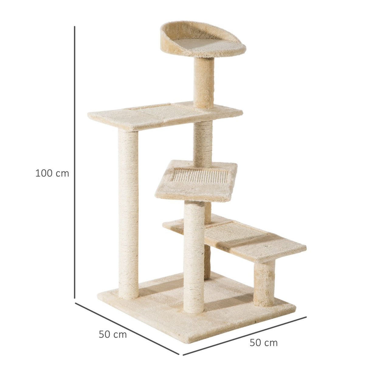 easycomfort easycomfort trespolo per gatti multilivello con tiragraffi in sisal con piattaforme e cuccia in peluche beige 50x50x100cm