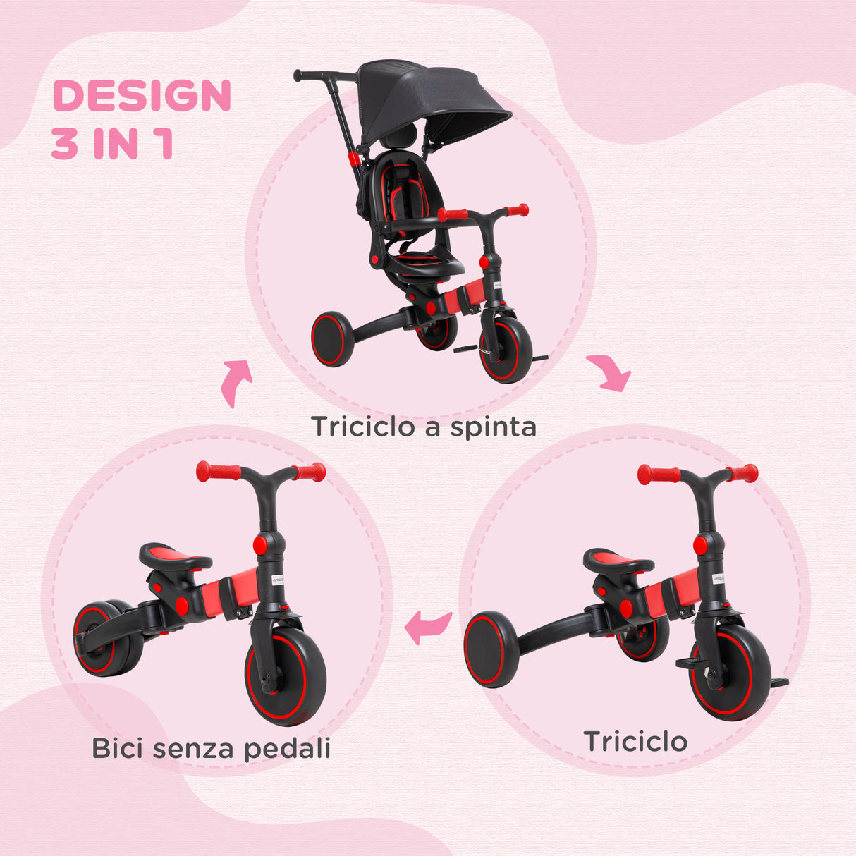 easycomfort easycomfort triciclo per bambini con maniglione 3 in 1 e tettuccio regolabile eta 18 48 mesi rosso