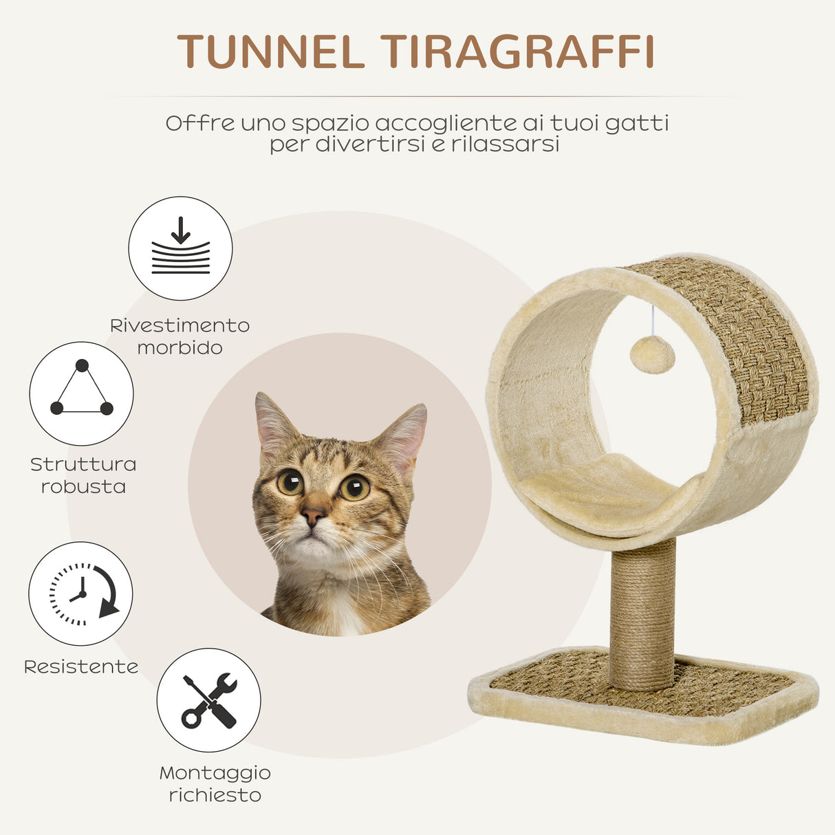 easycomfort easycomfort tunnel tiragraffi per gatti con cuscino e rivestimento in peluche palo in juta 40x30x56cm