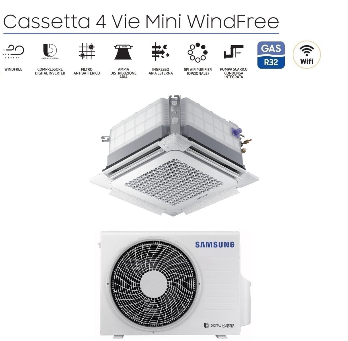samsung climatizzatore condizionatore samsung inverter cassetta 4 vie mini windfree 18000 btu ac052rnndkg r 32 wi fi optional con pannello incluso