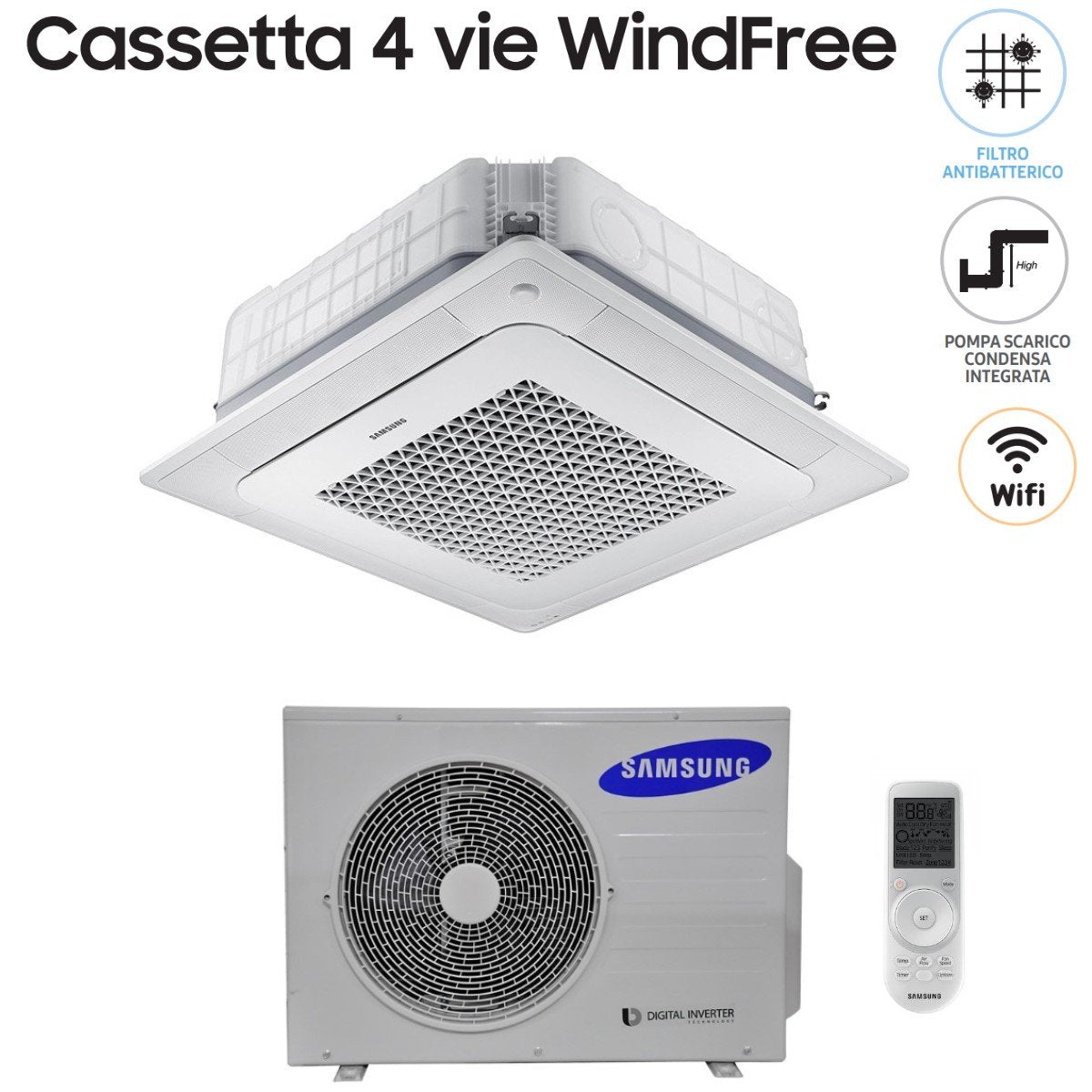 samsung climatizzatore condizionatore samsung inverter cassetta a 4 vie windfree 18000 btu ac052nn4dkh monofase r 410 wi fi optional con telecomando wireless e pannello incluso