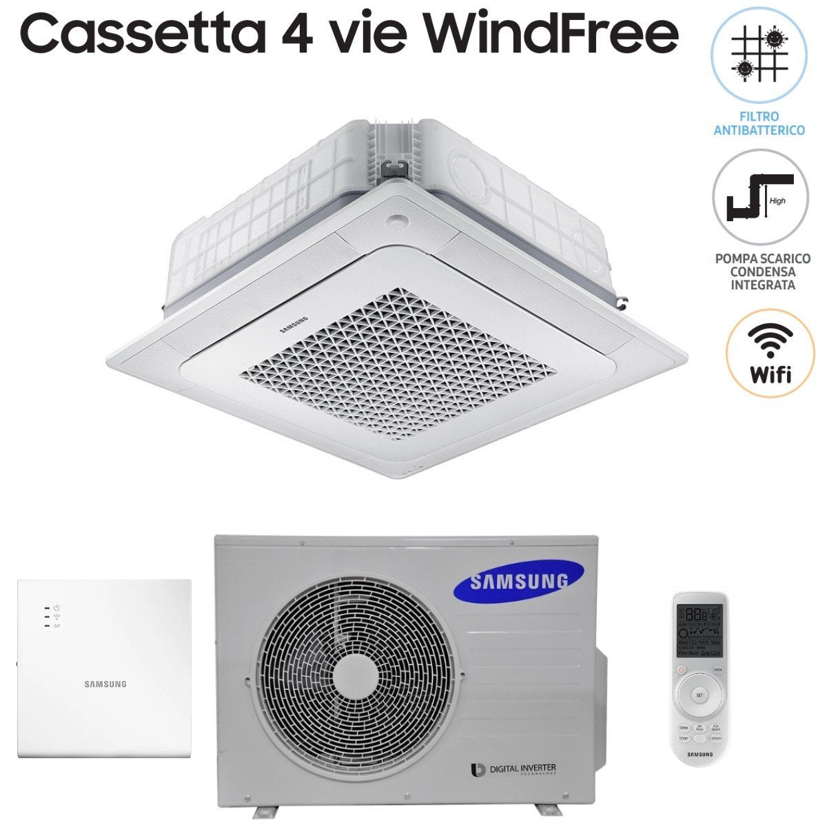 samsung climatizzatore condizionatore samsung inverter cassetta a 4 vie windfree 24000 btu ac071nn4dkh monofase wi fi optional con telecomando wireless e pannello incluso