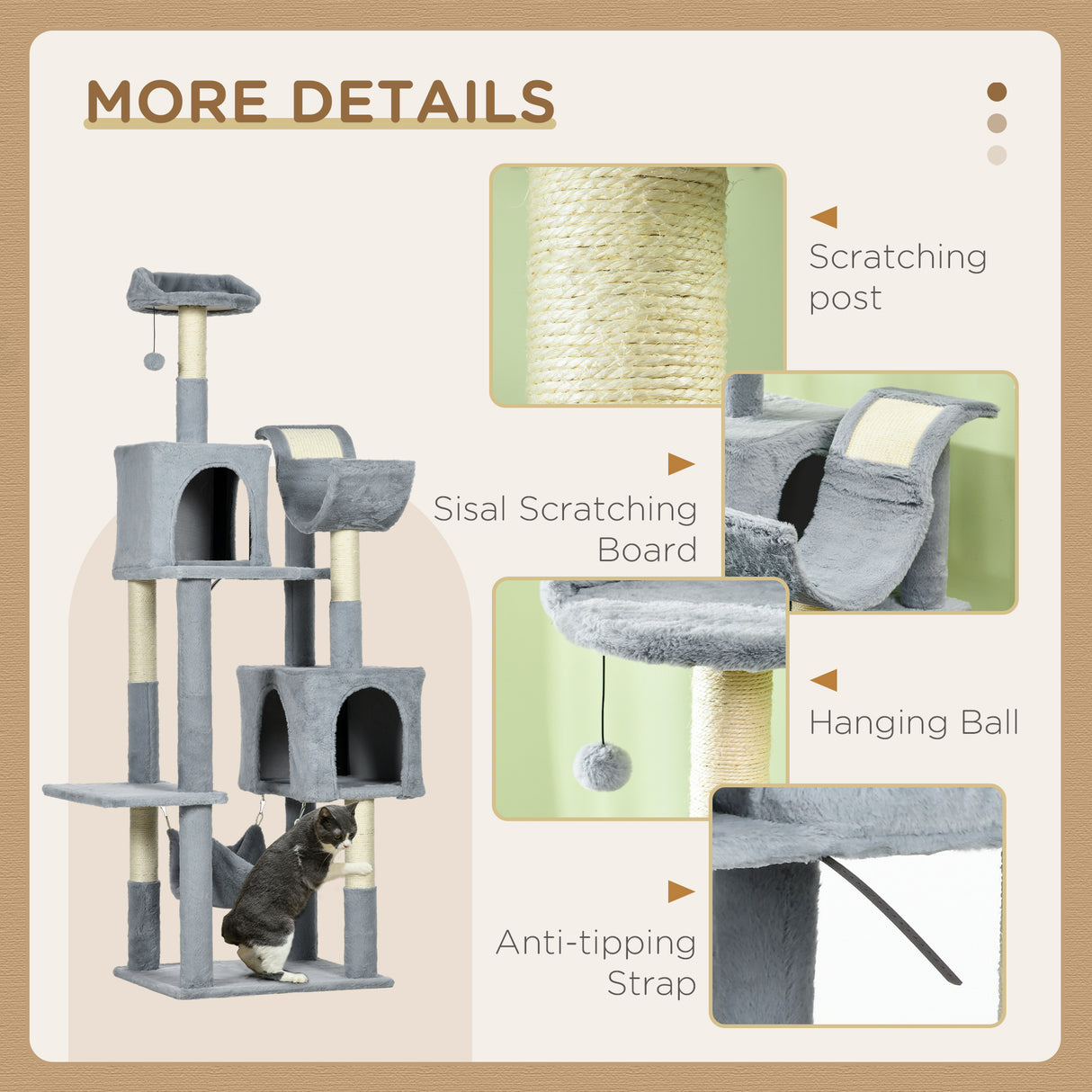 easycomfort easycomfort albero per gatti con amaca lettino e 2 casette in truciolato e peluche 55x49x177 cm grigio e bianco