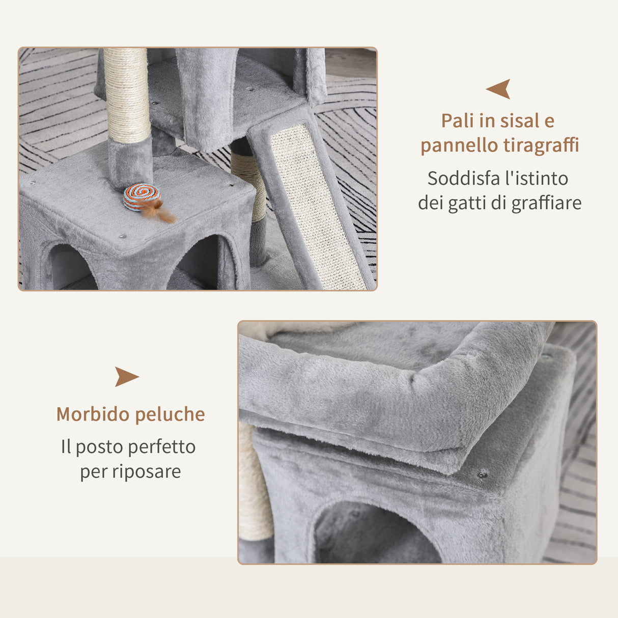 easycomfort easycomfort albero tiragraffi per gatti con pali in sisal lettino e 2 casette 59x39x83cm grigio