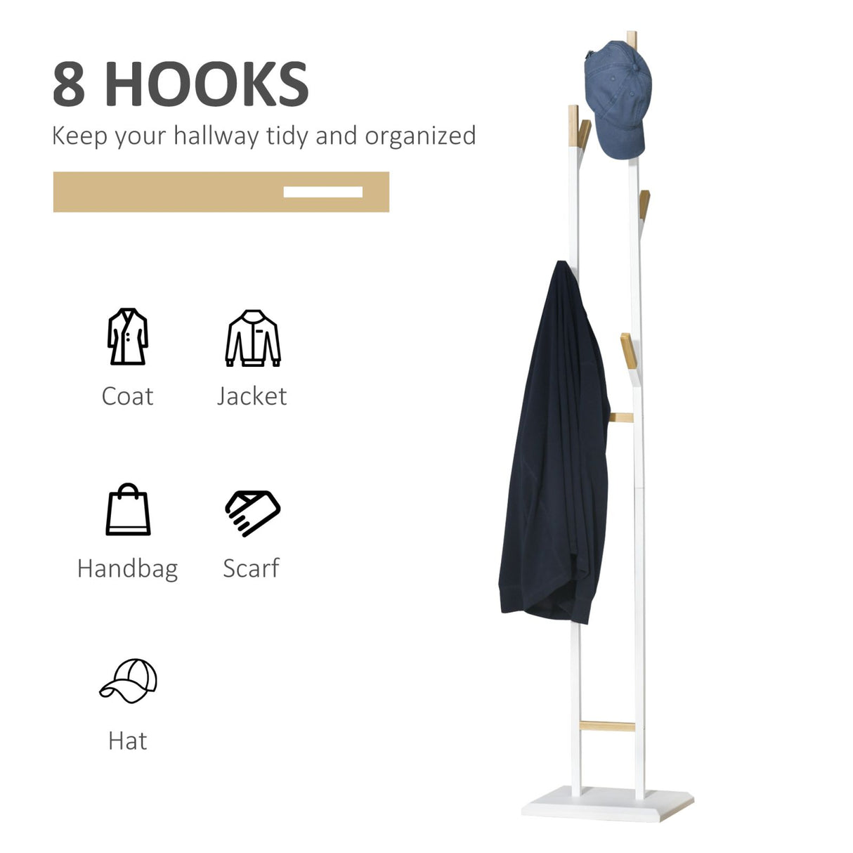 easycomfort easycomfort appendiabiti da terra con 8 braccia e base rettangolare in metallo bianco e bambu