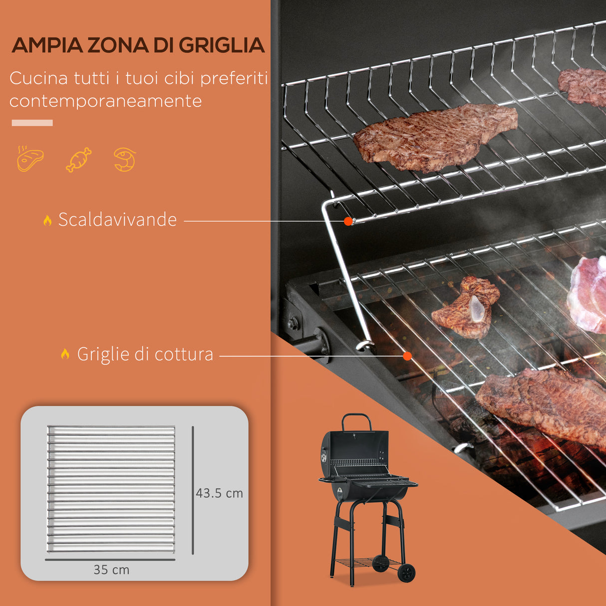 easycomfort easycomfort barbecue a carbone con coperchio termometro mensole e ruote 68x63x102cm nero