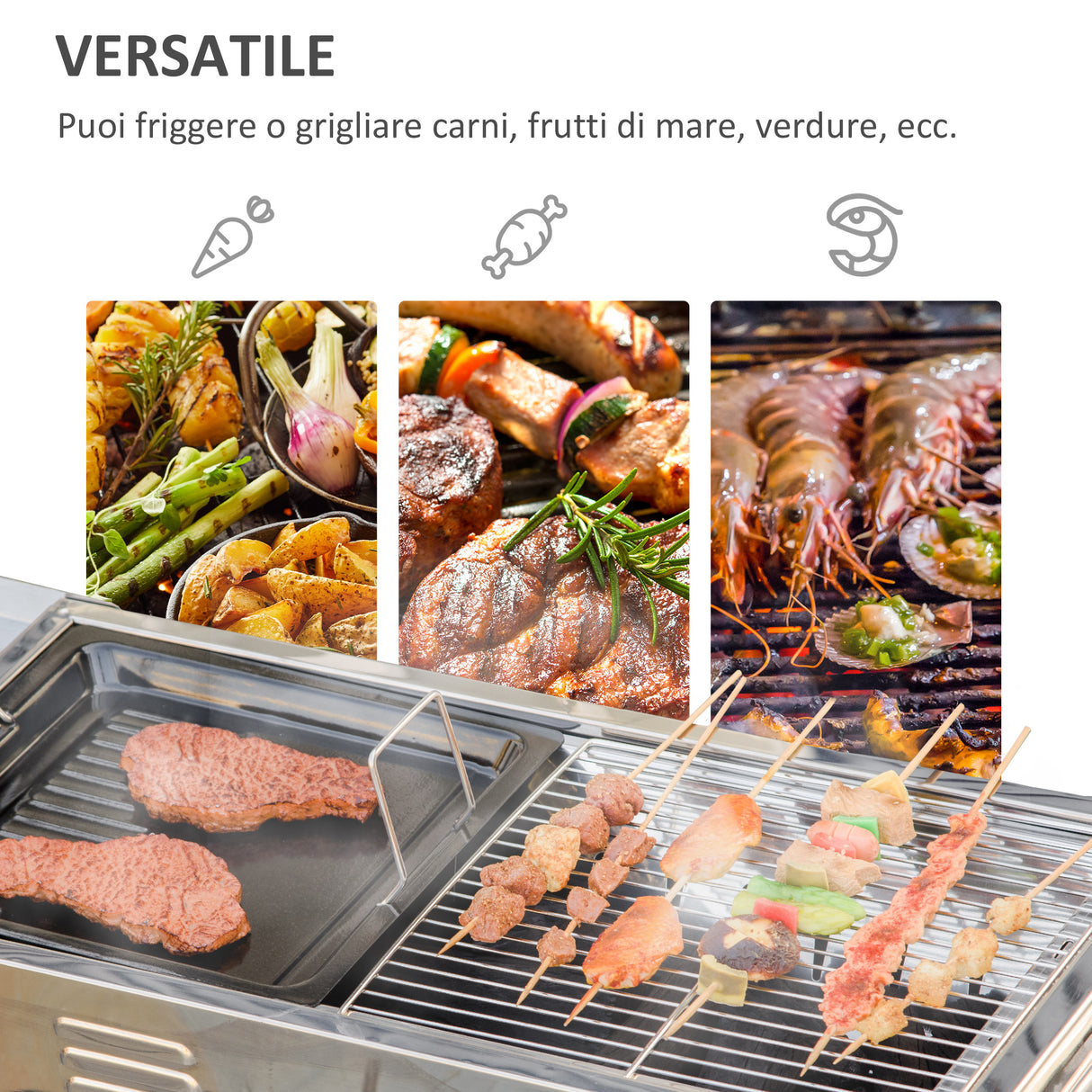 easycomfort easycomfort barbecue a carbone in acciaio altezza regolabile e mensole laterali griglie e piastra 120x31x60 70cm