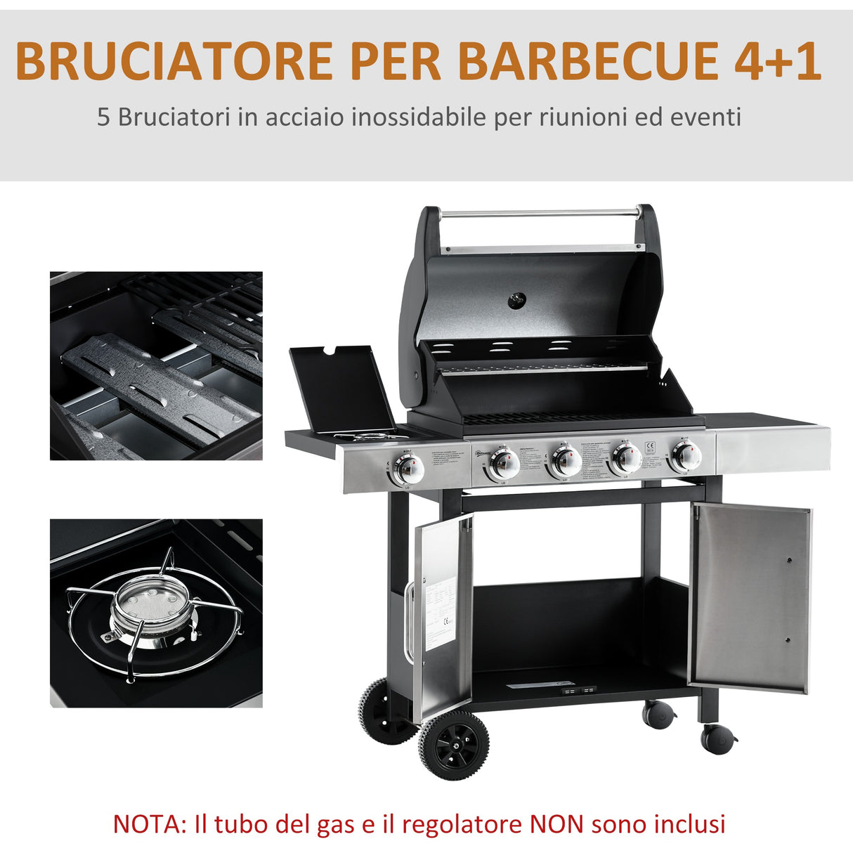 easycomfort easycomfort barbecue gas con coperchio e 5 bruciatori da 15 2kw e 4 ruote 128x50x113cm