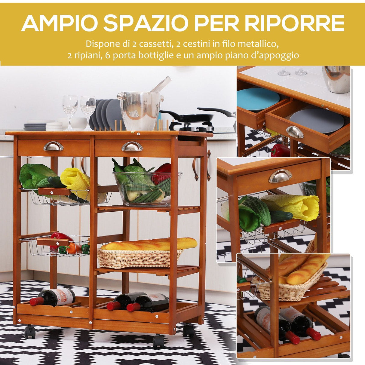 easycomfort easycomfort carrello da cucina multiuso in legno di pino con 4 ruote e cassetti 74x37x75cm marrone chiaro ean 8054144130897