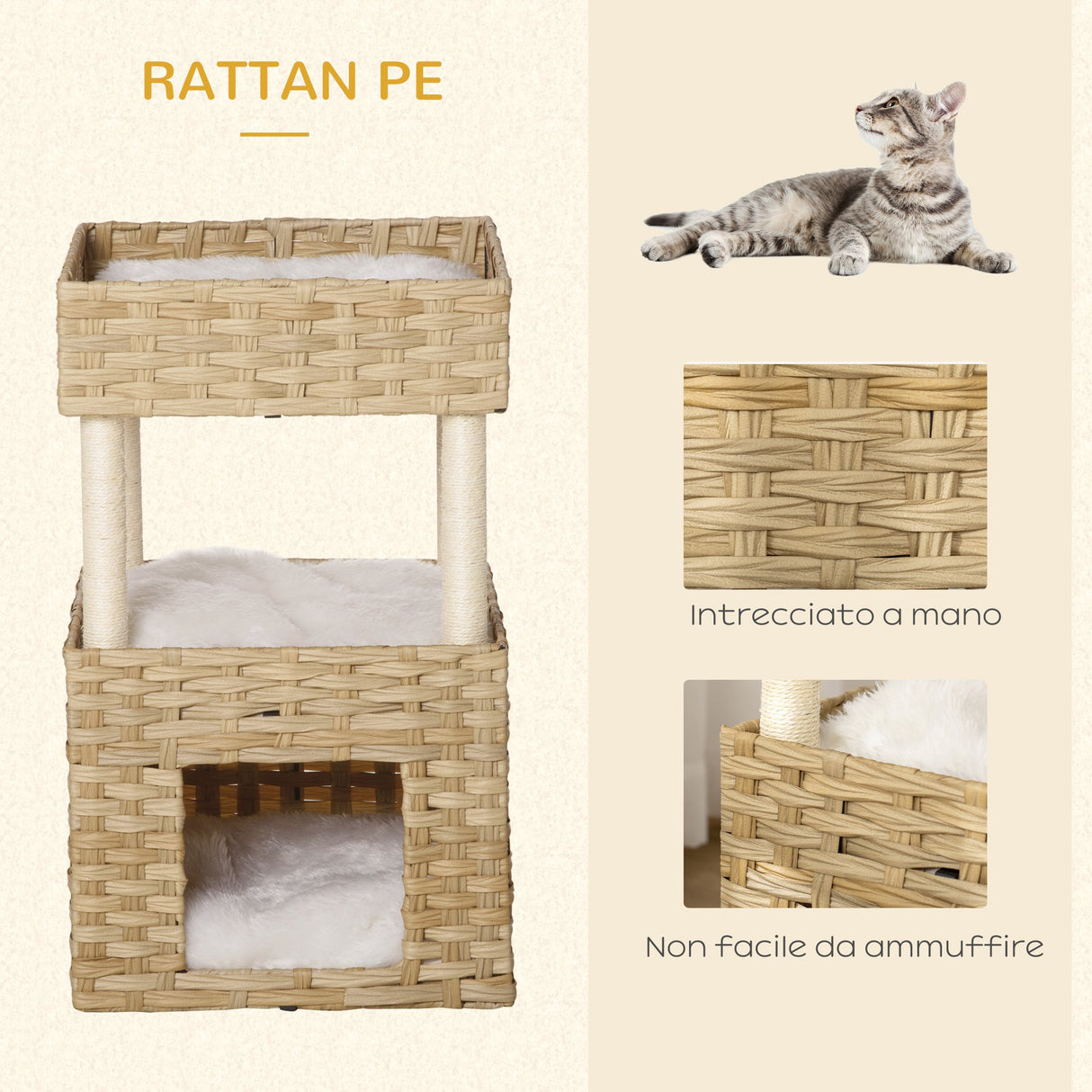 easycomfort easycomfort casetta per gatti a 3 livelli in rattan pe con cuscini lavabili in peluche 40x40x70cm legno