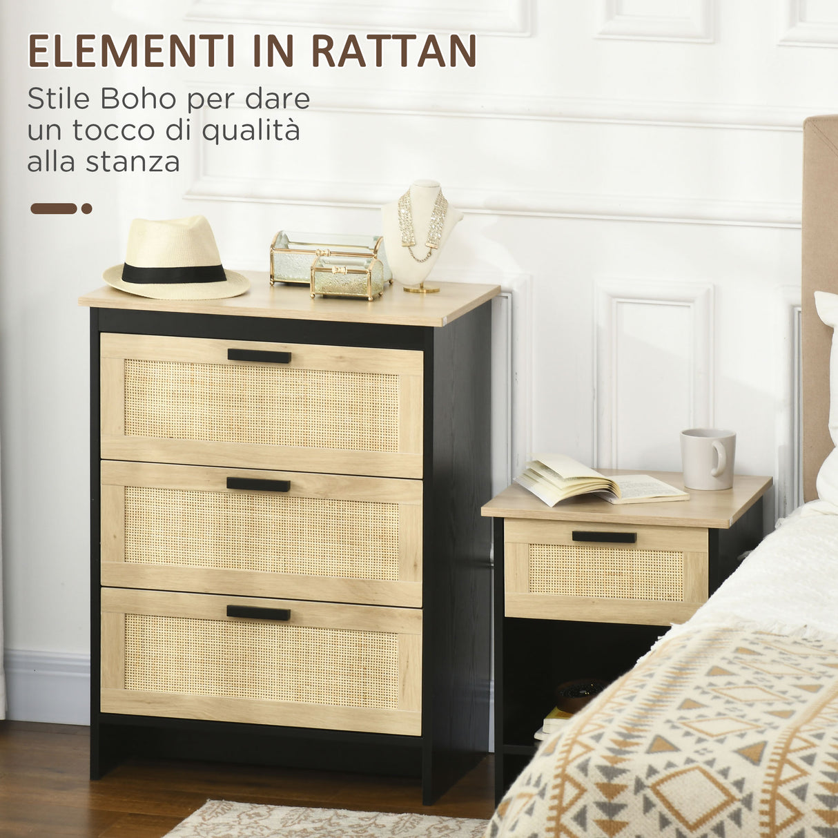 easycomfort easycomfort cassettiera 3 cassetti in truciolato e rattan per soggiorno e camera da letto 60x40x80 cm nero e color legno