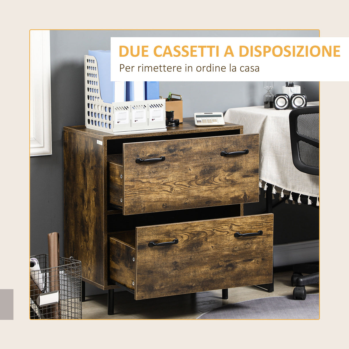 easycomfort easycomfort cassettiera a 2 cassetti in truciolato marrone con gambe in metallo per camera da letto studio e soggiorno 65x40x75 cm