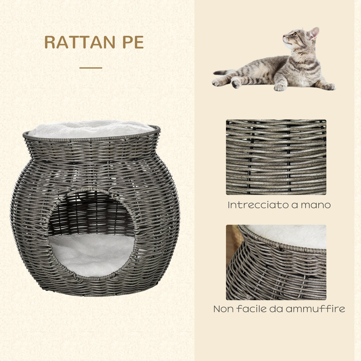 easycomfort easycomfort cesta per gatti a 2 livelli in rattan pe con cuscini lavabili in peluche 50x43 5cm grigio scuro