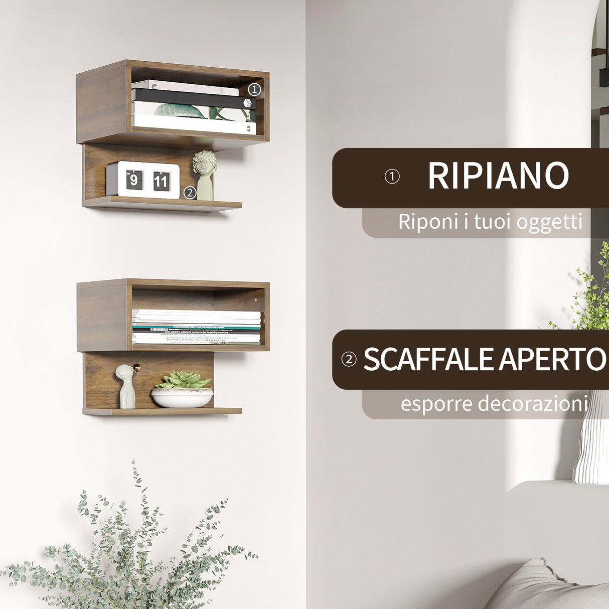 easycomfort easycomfort comodini sospesi da parete color noce set 2 pezzi in mdf con ripiano aperto e piano dappoggio 40x29 5x33 5 cm