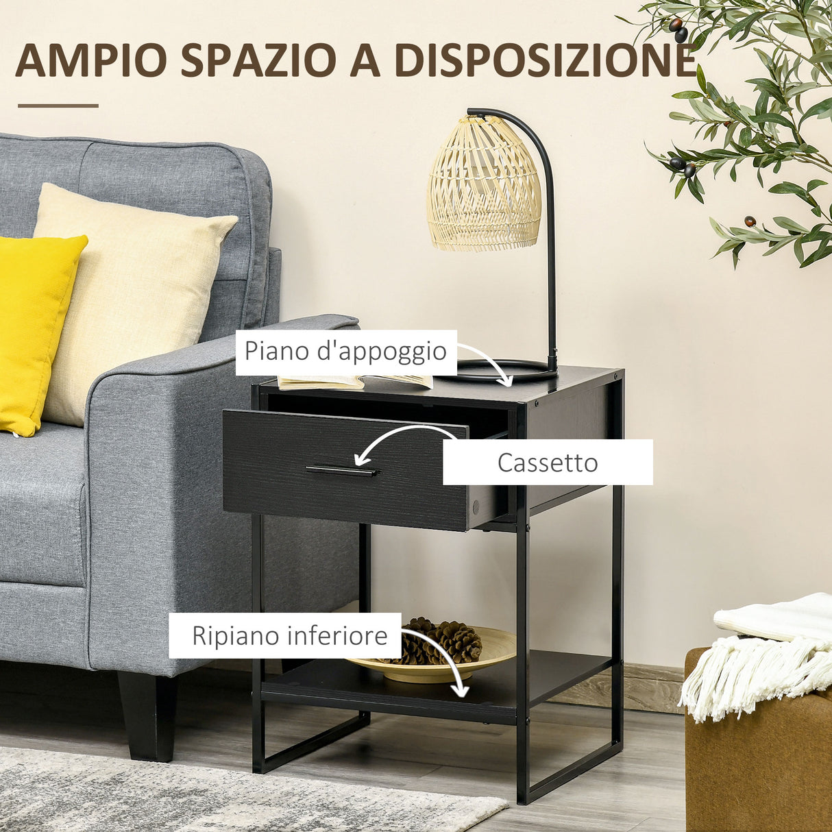 easycomfort easycomfort comodino moderno set 2 pezzi con cassetto e ripiano aperto per camera da letto e soggiorno in mdf e acciaio 45x40x60cm nero