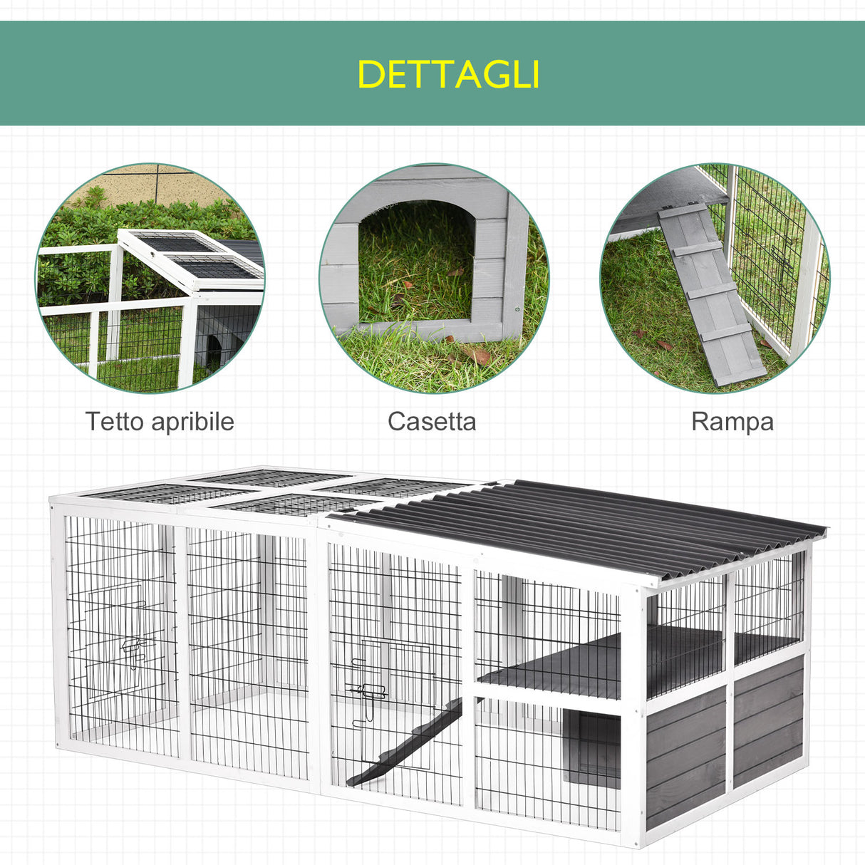 easycomfort easycomfort conigliera da esterno con casetta e recinto in legno e metallo grigia