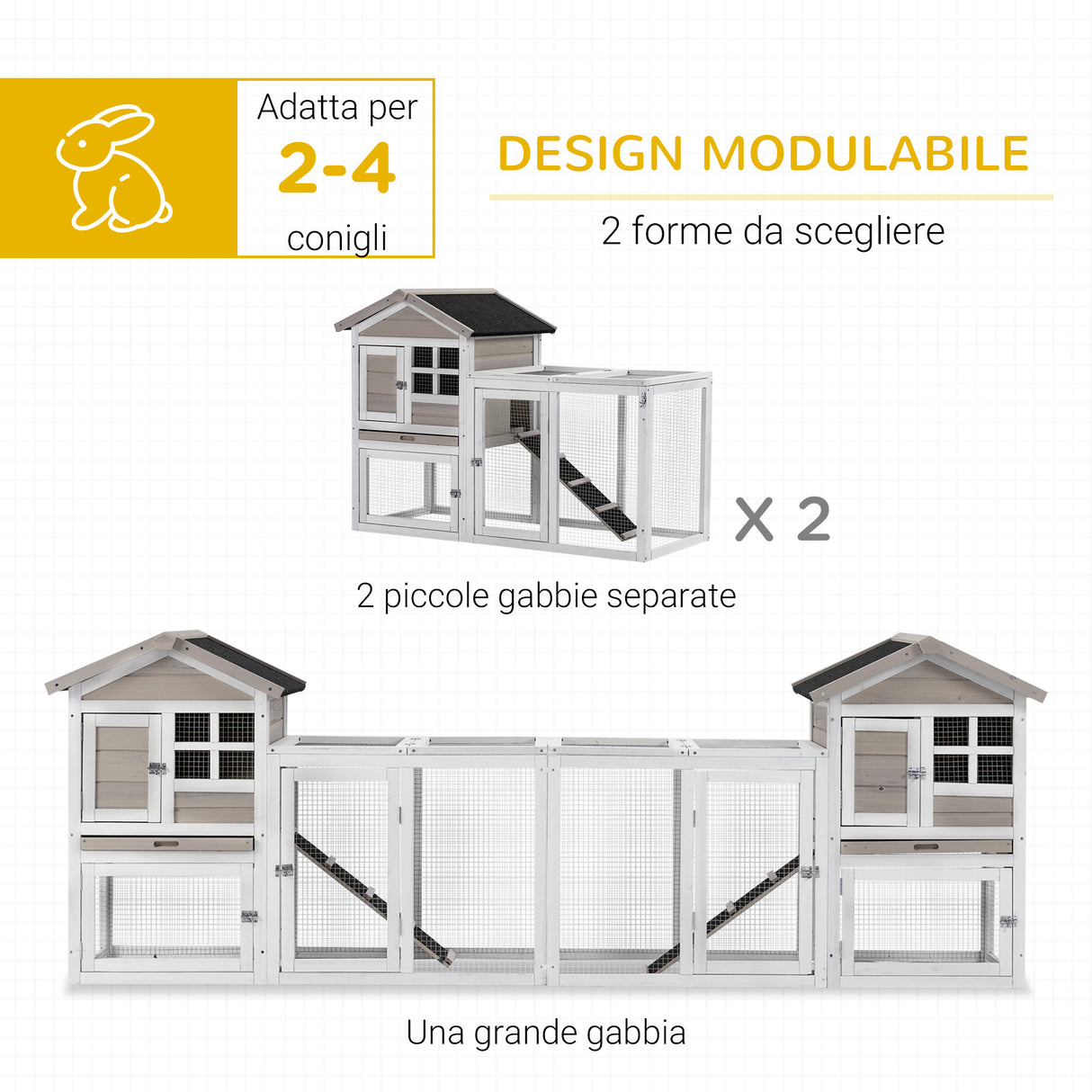easycomfort easycomfort conigliera in legno da esterno con 2 casette area aperta recintata e rampe 259x64x92cm grigio