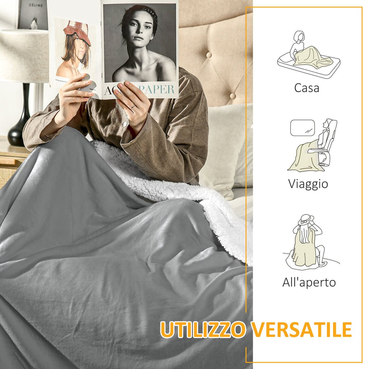 easycomfort easycomfort coperta double face in flanella 220 gsm e sherpa 260 gsm per interno ed esterno 203x152x0 5 cm grigio