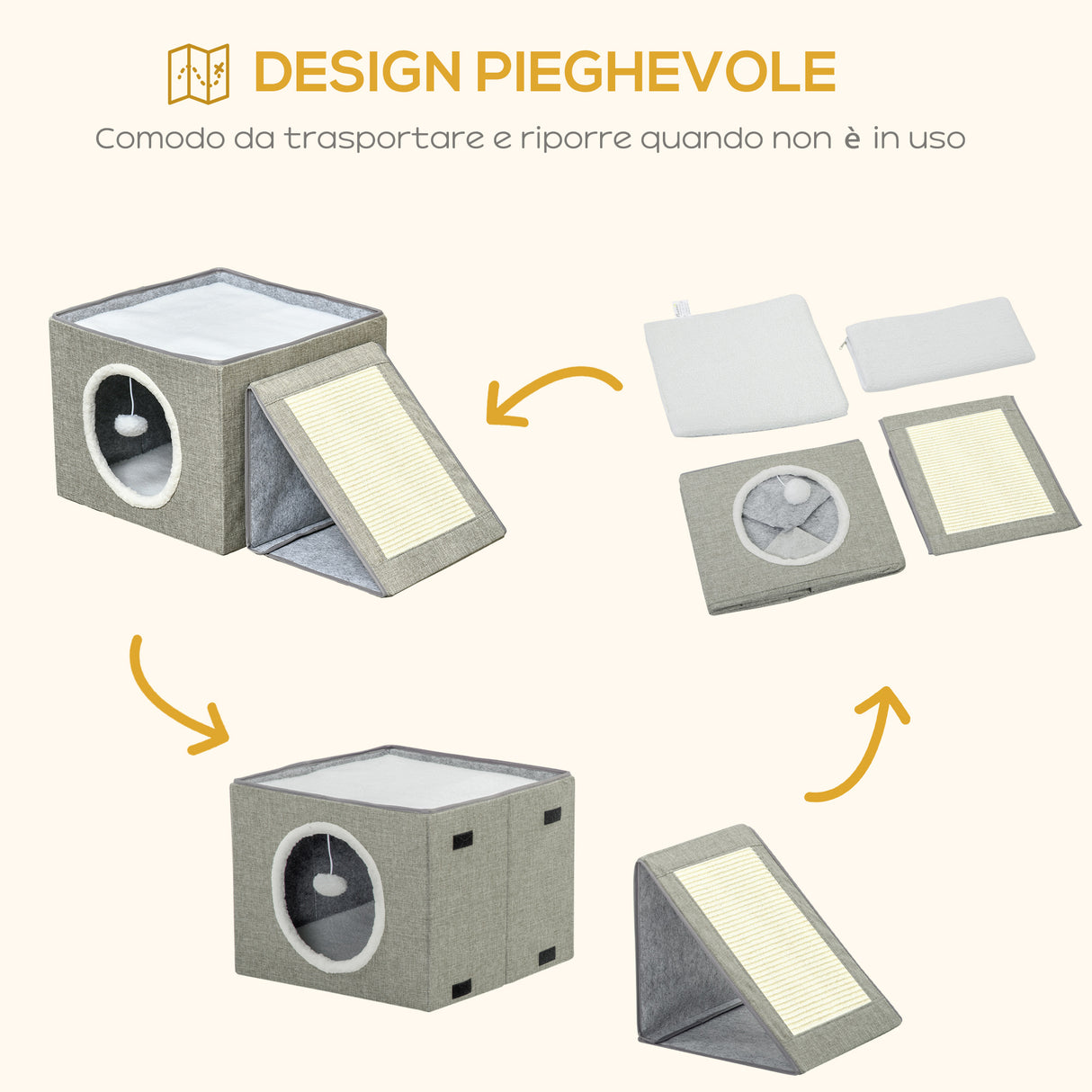 easycomfort easycomfort cuccia per gatti pieghevole e portatile casetta per gatti con pannello tiragraffi 2 cuscini e pallina in peluche e tessuto grigio