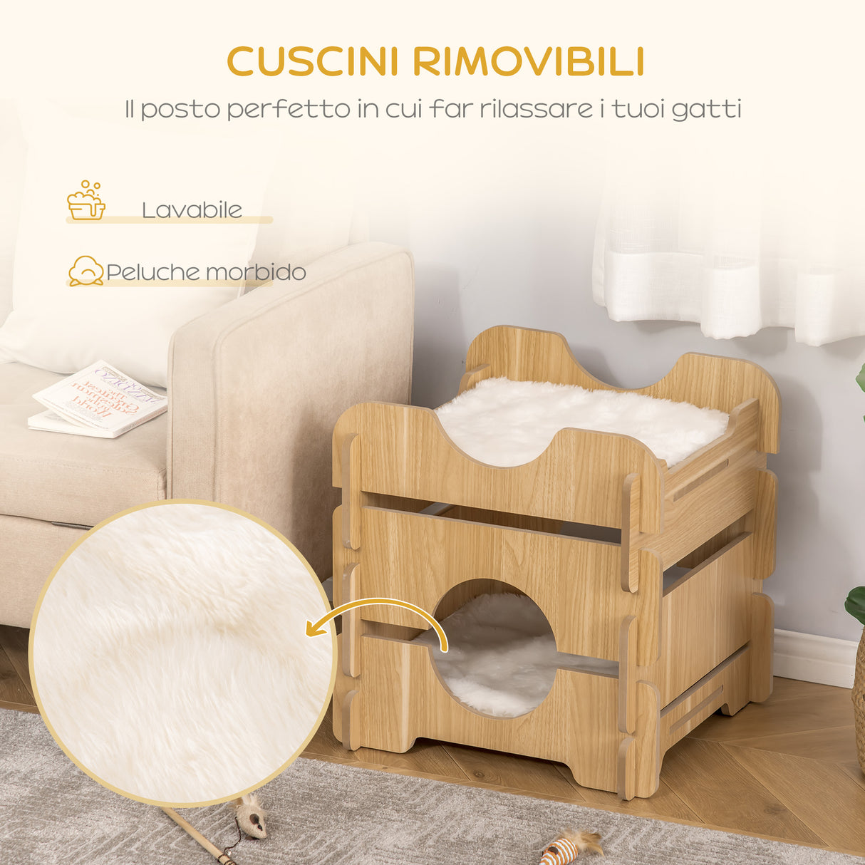 easycomfort easycomfort cuccia per gatti su 2 livelli con cuscini rimovibili e lavabili 50x50x50cm rovere
