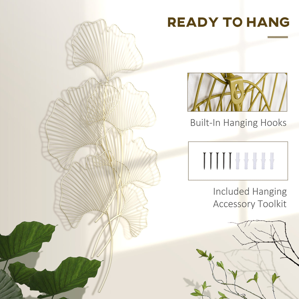 easycomfort easycomfort decorazione murale 3d in metallo wall art dorata a forma di foglia di ginkgo 51 x 94 5cm