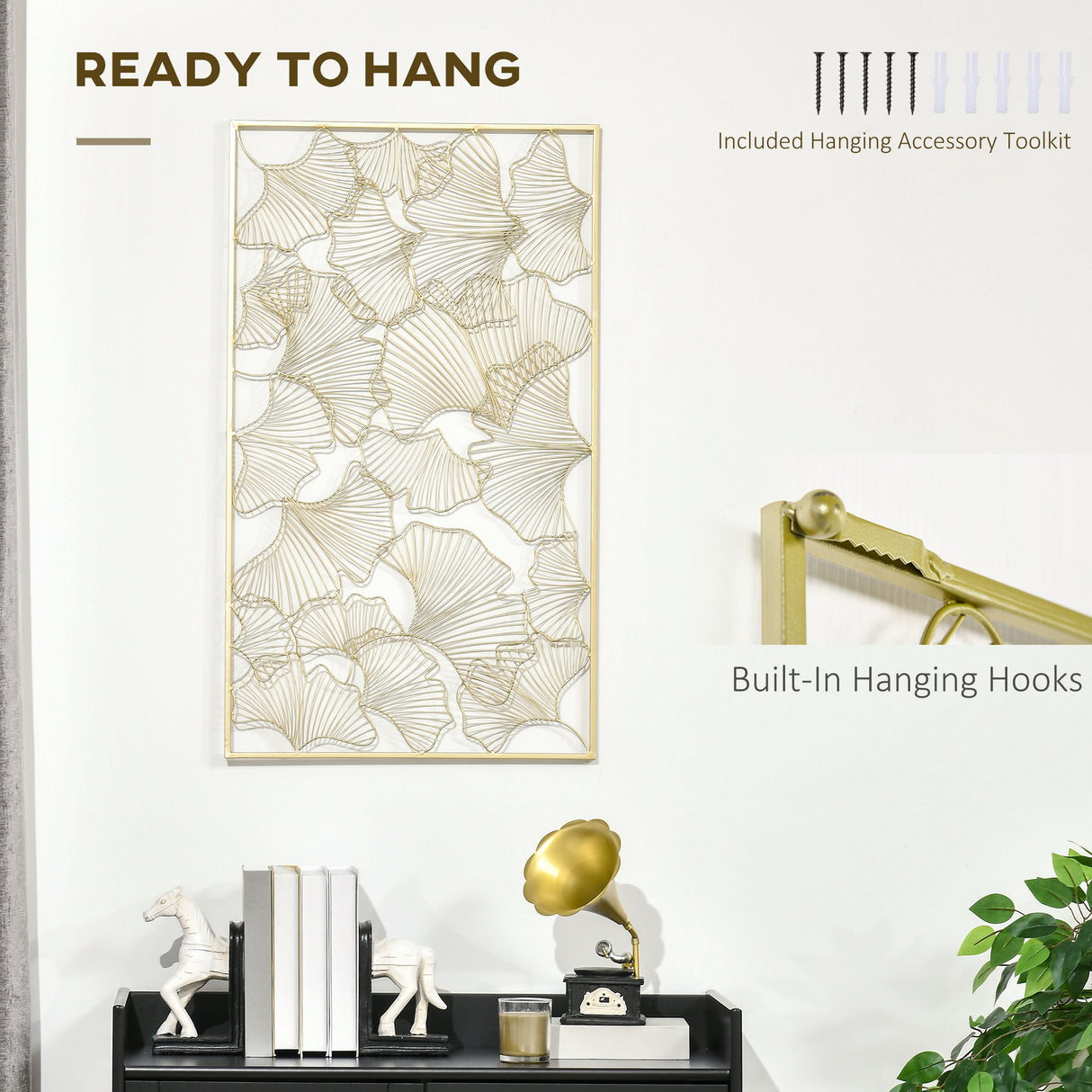 easycomfort easycomfort decorazione murale 3d rettangolare in metallo wall art dorata con cornice e foglie di ginkgo 50x85cm