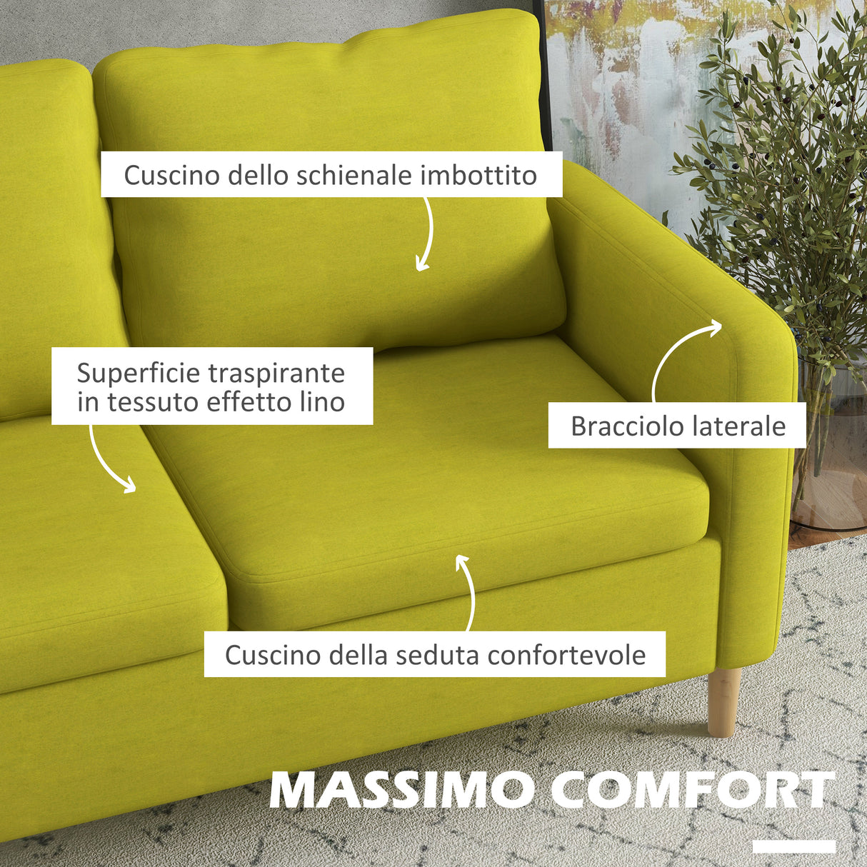 easycomfort easycomfort divano 2 posti in tessuto effetto lino con tasche laterali e cuscini 143x76x83 cm giallo