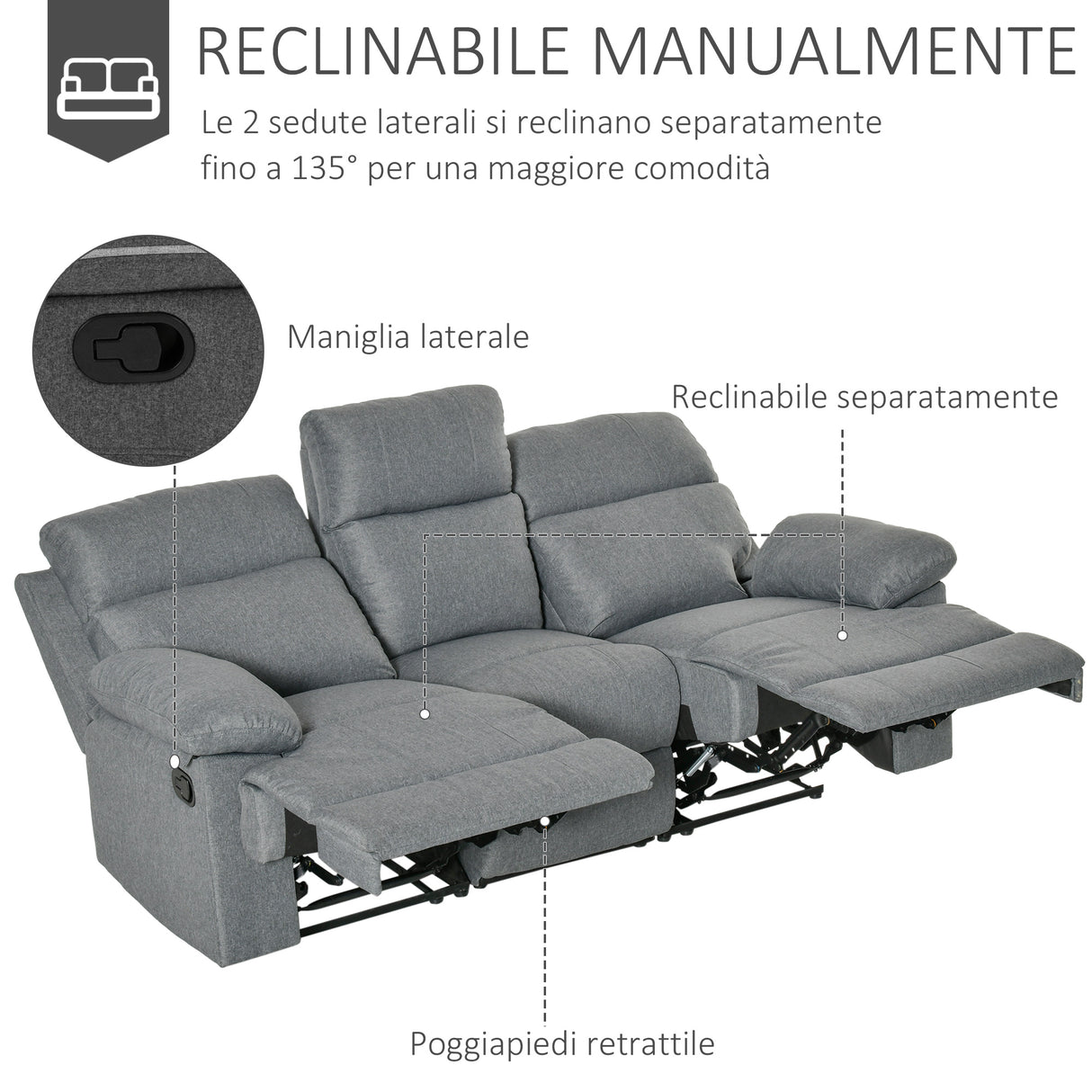 easycomfort easycomfort divano 3 posti con schienale e poggiapiedi reclinabili grigio antracite 198x86x97cm