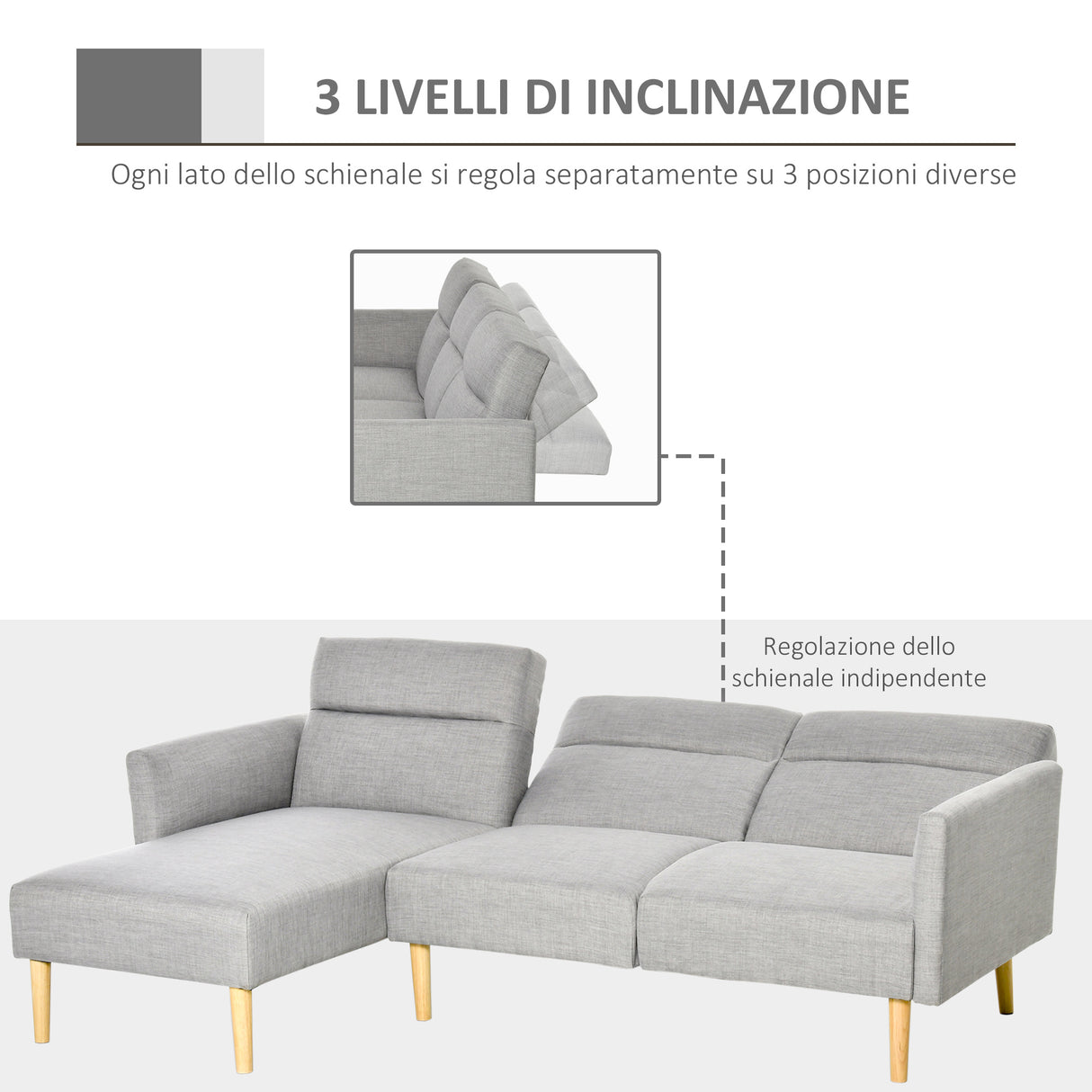 easycomfort easycomfort divano letto 3 posti divano angolare in tessuto grigio con schienale regolabile stile scandinavo 207x146x80cm