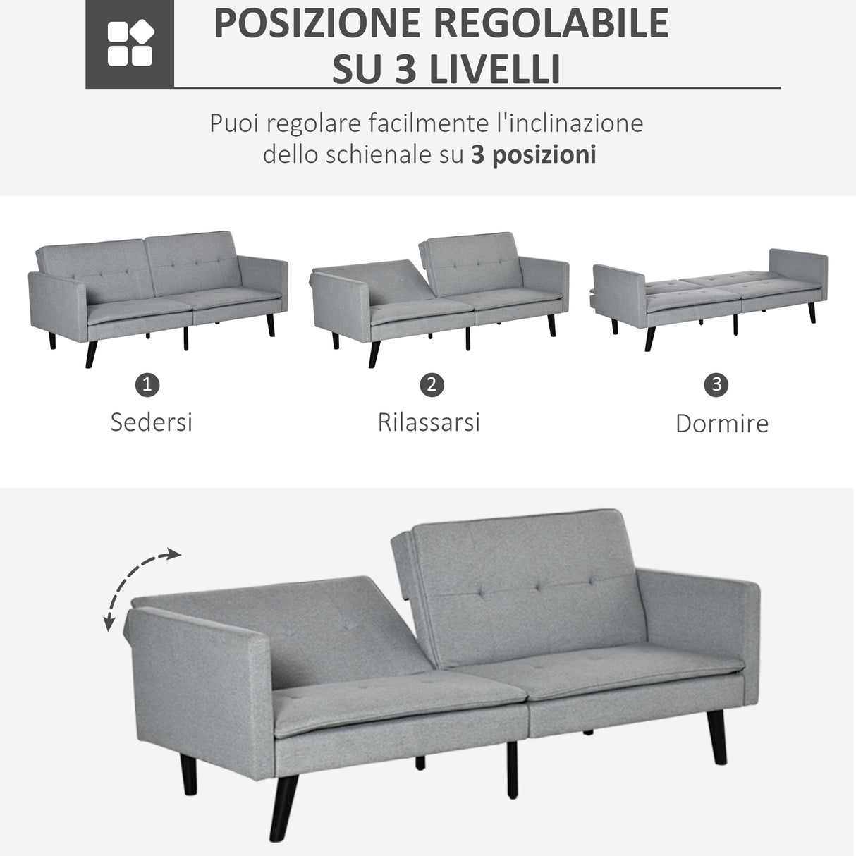 easycomfort easycomfort divano letto a 1 piazza in tessuto e seduta a 3 posti schienale a 3 reclinazioni 198x81x81cm grigio