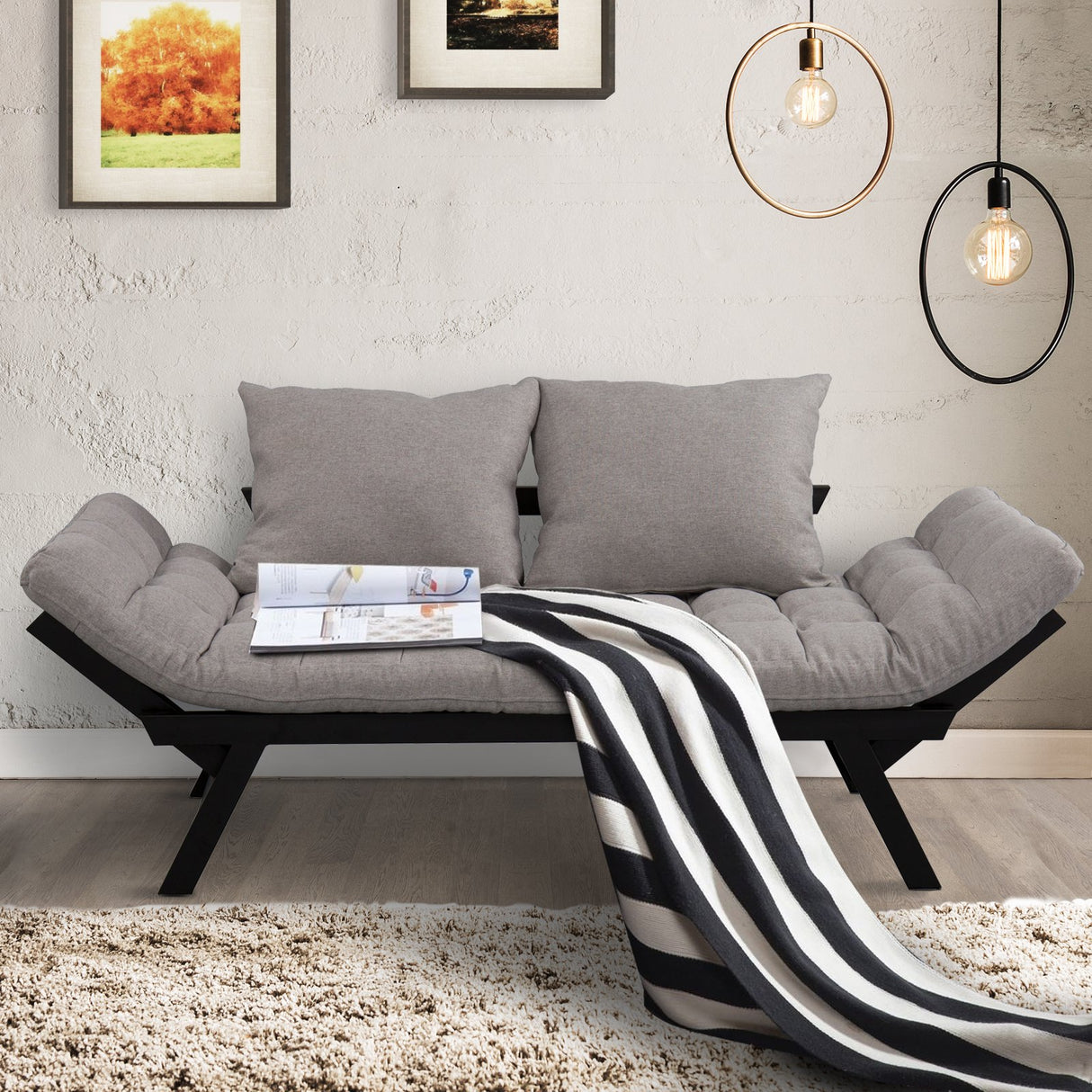 easycomfort easycomfort divano letto chaise longue in rovere nero e tessuto di lino grigio 155l x 65p x 57a cm ean 8054144138121