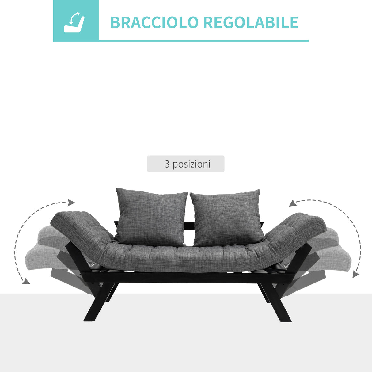 easycomfort easycomfort divano letto singolo con braccioli regolabili su 3 posizioni in tessuto e legno nero e grigio