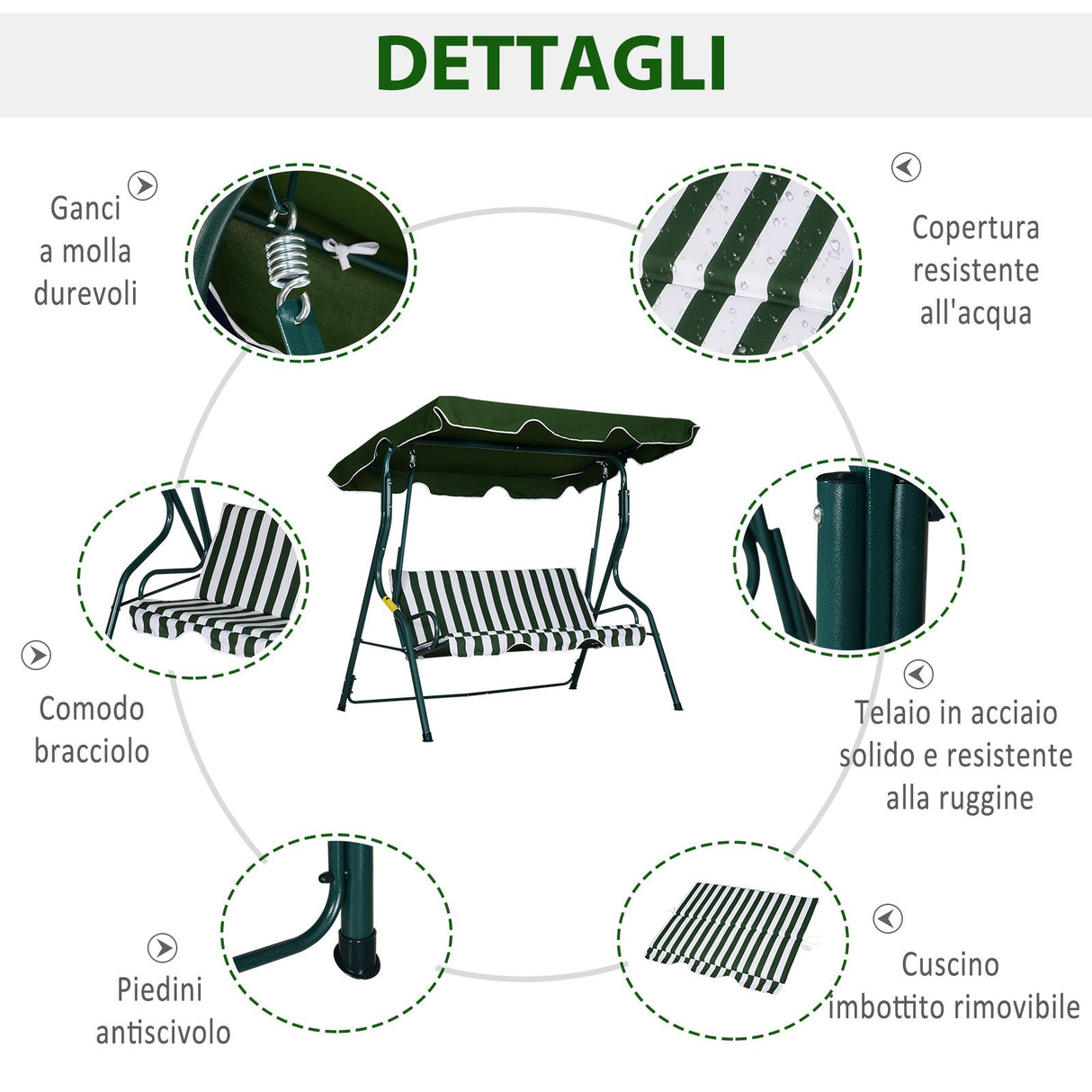easycomfort easycomfort dondolo 3 posti in acciaio con tettuccio e imbottitura in tessuto a righe bianco e verde ean 8054144132563