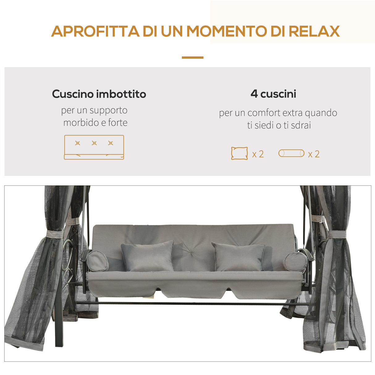 easycomfort easycomfort dondolo 3 posti reclinabile con copertura a gazebo zanzariera e cuscini grigio scuro
