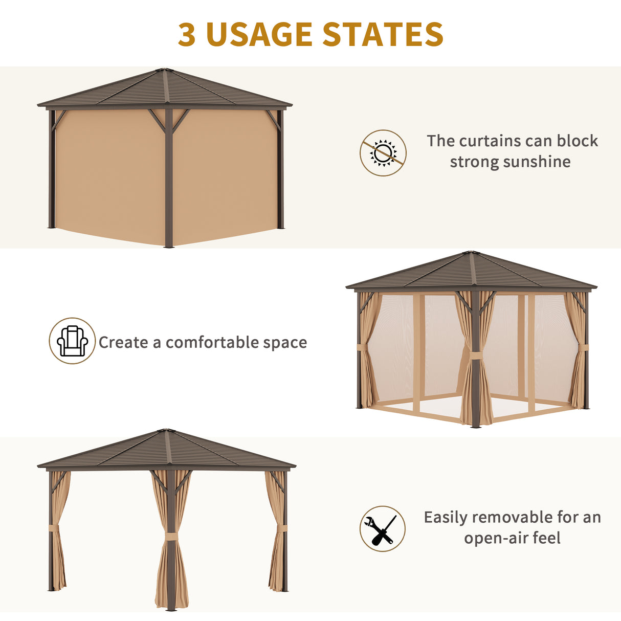 easycomfort easycomfort gazebo da giardino 3x3m in alluminio con zanzariera tende laterali e tetto rigido marrone