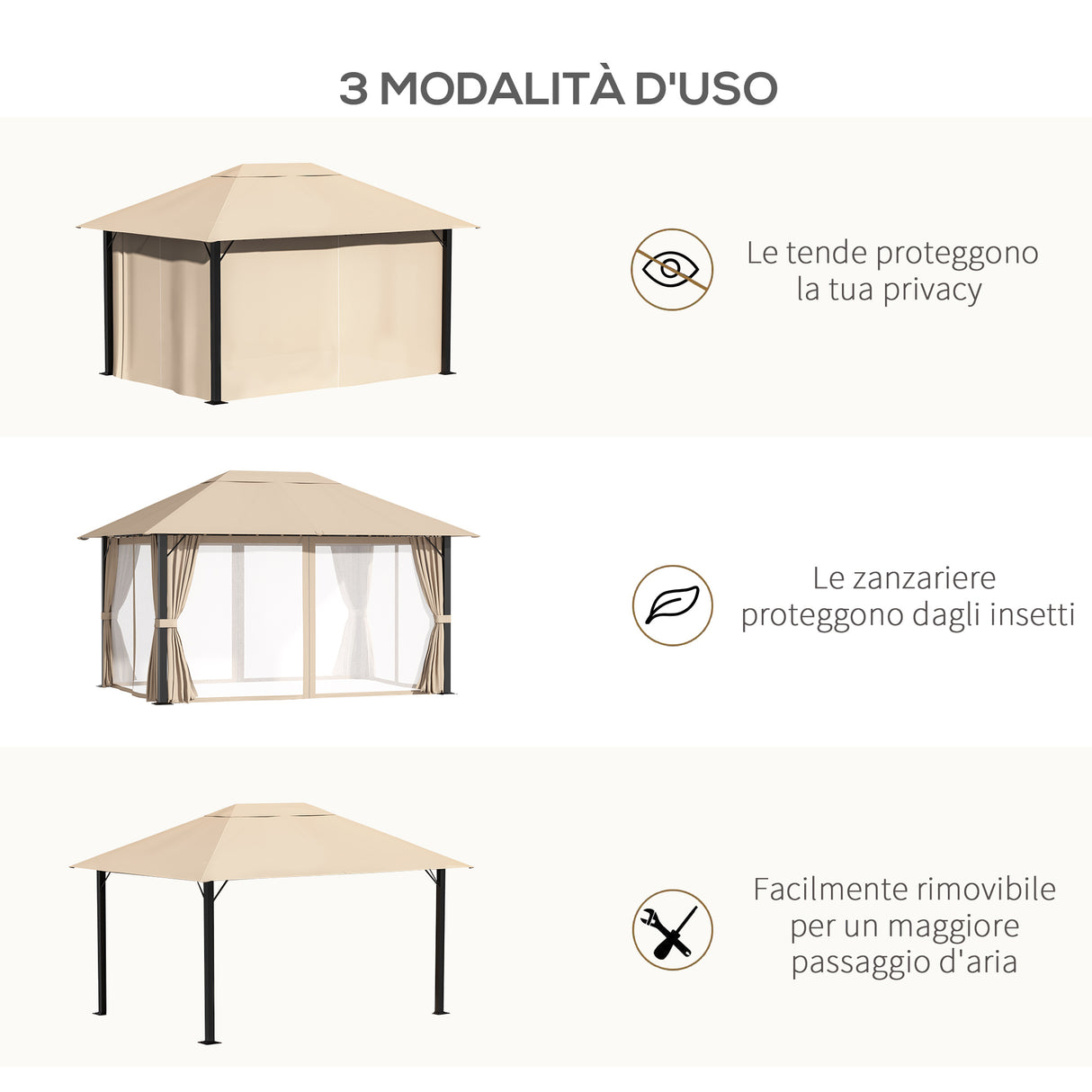 easycomfort easycomfort gazebo da giardino 4x3m in alluminio e acciaio con zanzariera e 4 tende in poliestere marrone