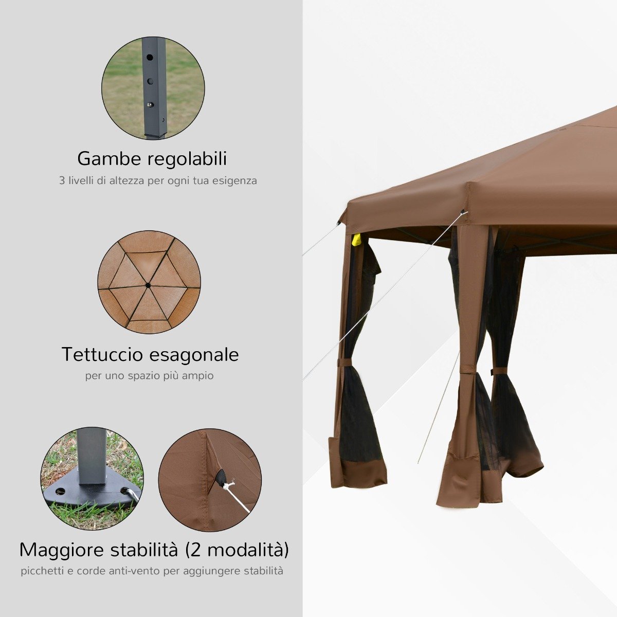 easycomfort easycomfort gazebo da giardino pieghevole con zanzariera struttura esagonale acciaio e poliestere 3 6x3 6x2 6m marrone ean 8055776915838