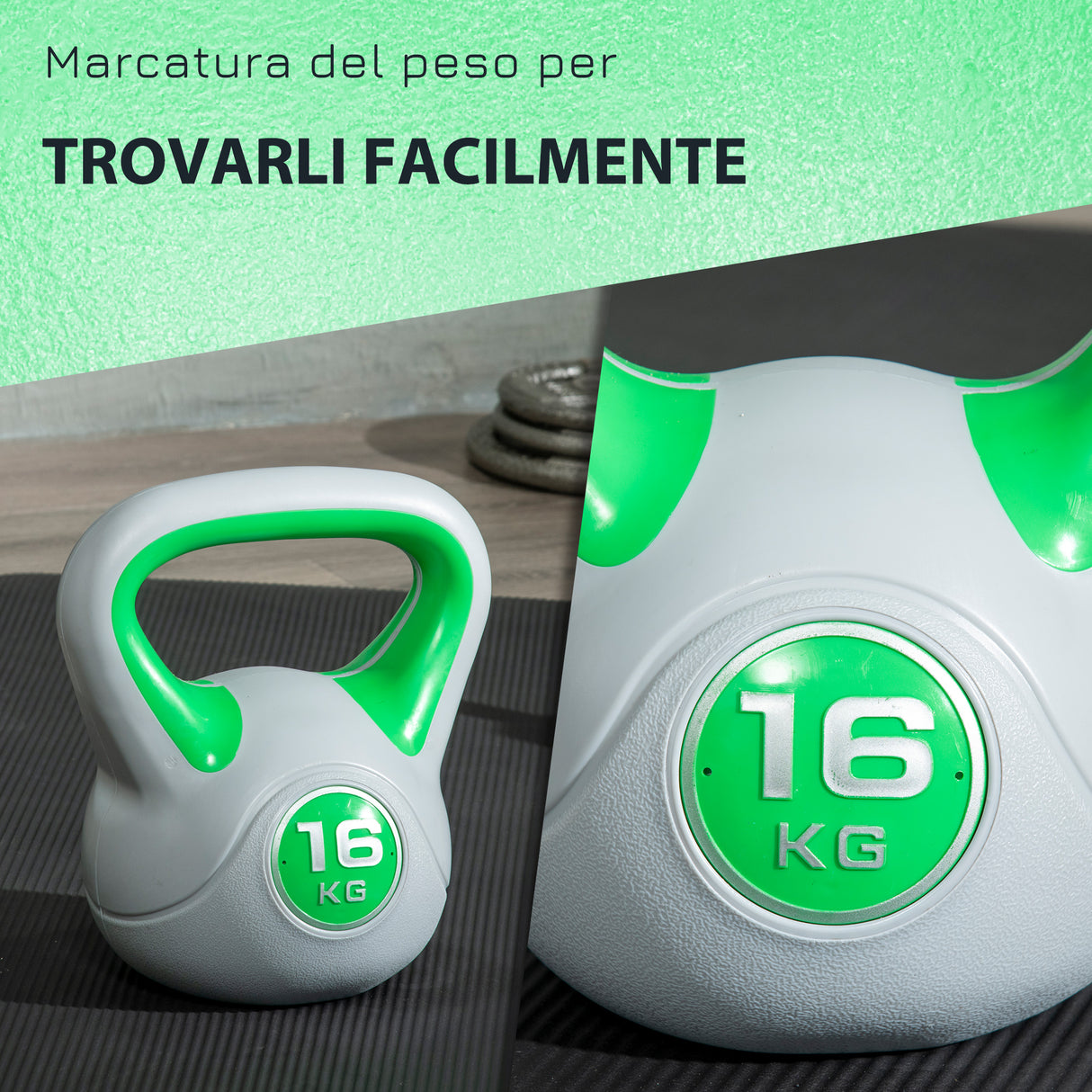 easycomfort easycomfort kettlebell 16kg in pu e sabbia con base piatta e impugnatura per stacchi squat e sollevamenti 26x18x32 cm verde
