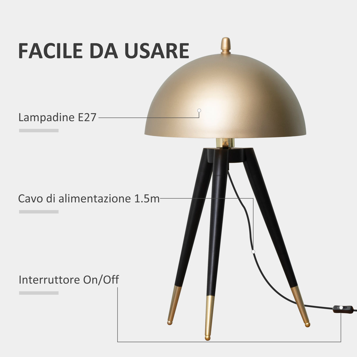 easycomfort easycomfort lampada da tavolo a treppiede con paralume dorato in metallo attacco e27 30x62cm