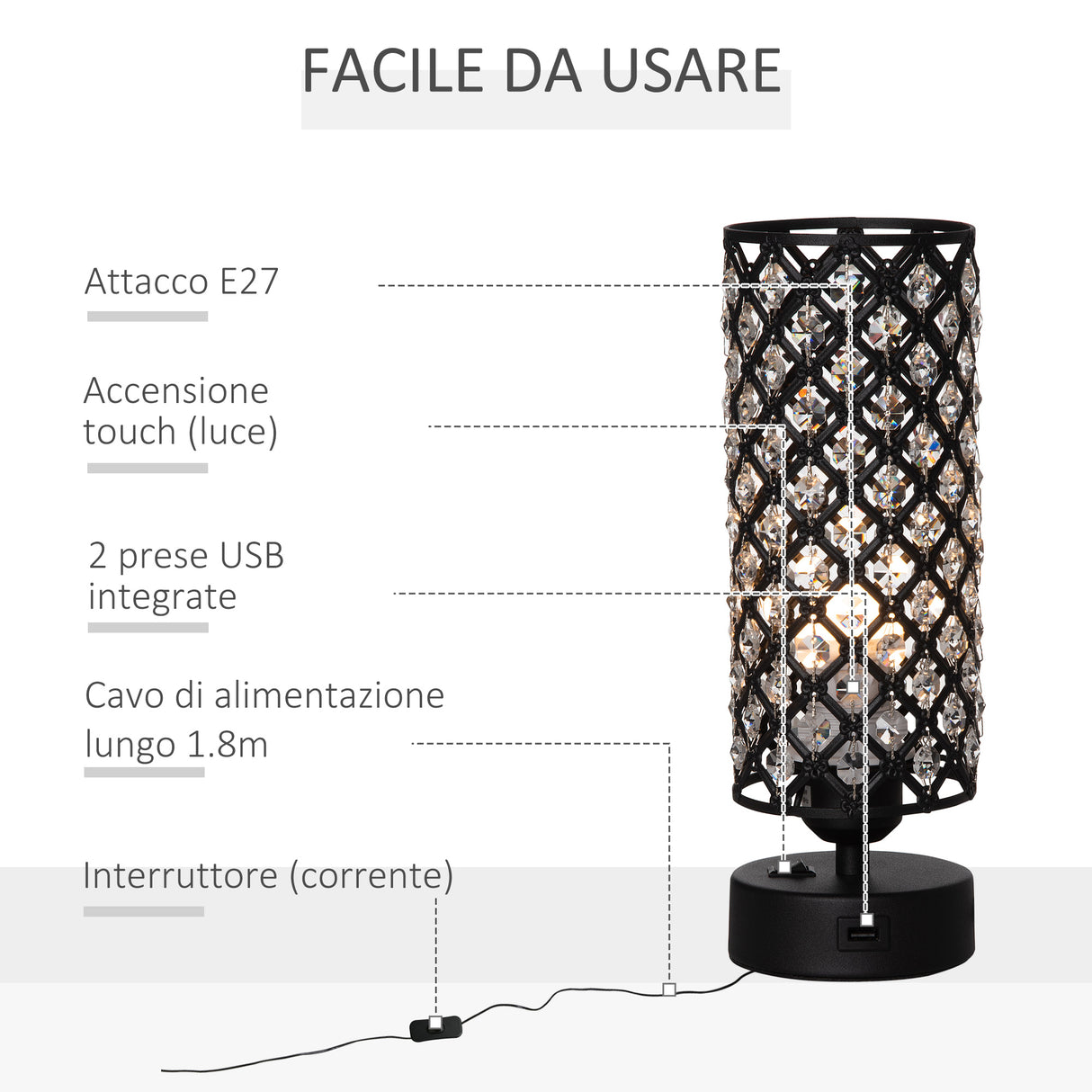 easycomfort easycomfort lampada da tavolo con paralume in cristallo e 2 porte usb luce regolabile 10 8x30cm nero